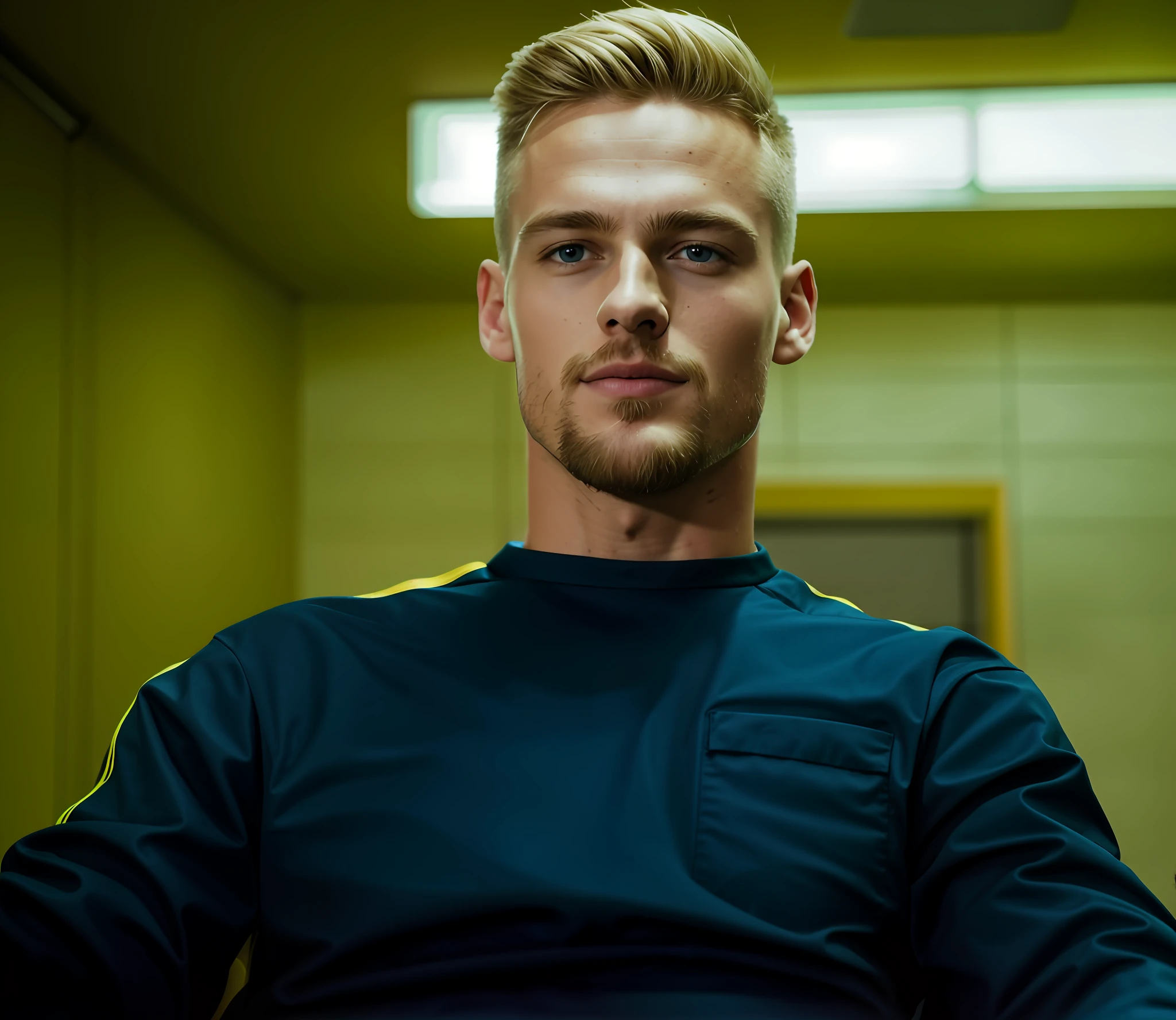 there is a man sitting in a chair with a remote control, portrait shot 8 k, soccer player matthijs de ligt, blonde boy with yellow eyes, soft portrait shot 8 k, blonde guy, blonde man, inspired by Adrian Zingg, attractive man, mid shot portrait, small blond goatee, short dark blond beard, blond brown stubble thin beard