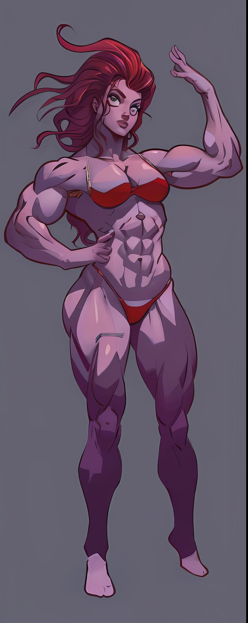 a cartoon image of a woman with a muscular body and red hair, muscular girl, muscular ultraviolent woman, muscular female druid, bodybuilder superhero bikini, feminine and muscular, entire body, commission for high res, full body!, full body portrait of a short!, muscular!, muscular!!, full body!!!, muscular character, strong pose, muscular!! sci-fi