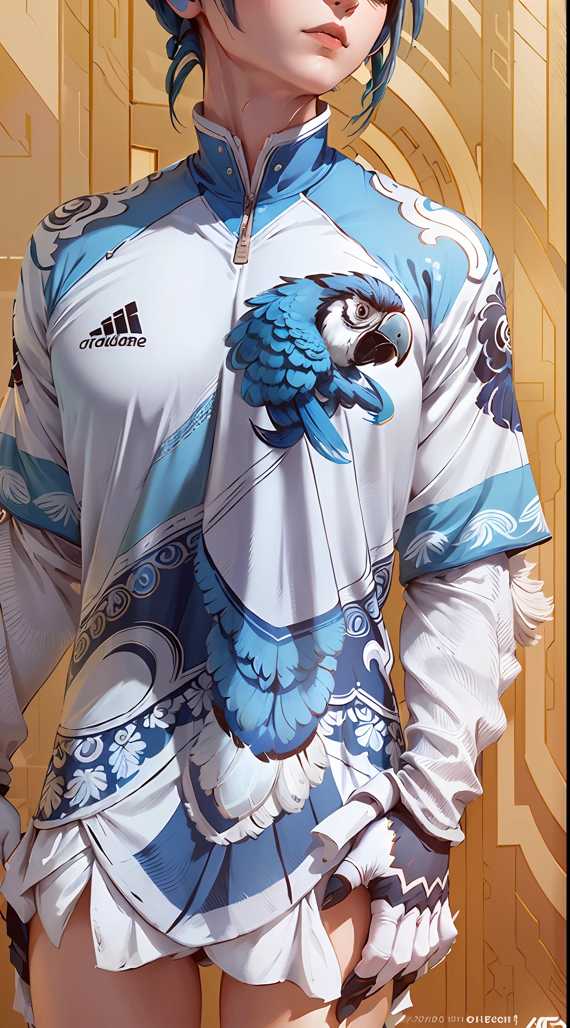 (meticulously crafted, best quality, ultra-realistic) white soccer football jersey, (sleek design, stylish, attractive), (blue macaw-inspired detailed accents: blue and greend color scherme1.2 ), dynamic angle full body.