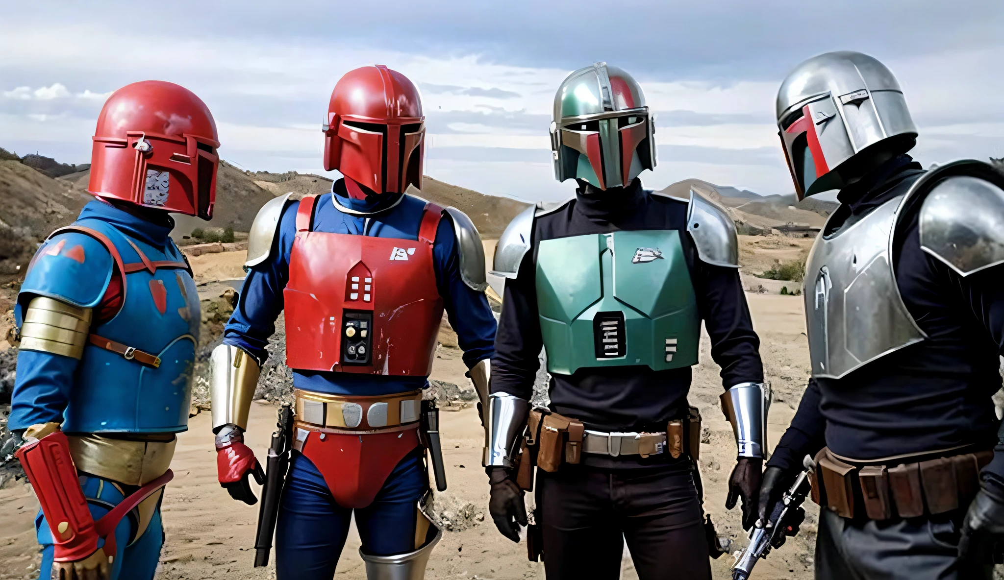 Four men with colorful armor solo, man bobafett, no helmet, rusty, space, planet, style, cocked hip, demure, low cut, detailed skin, matte skin, soft lighting, subsurface scattering, realistic, heavy shadow, masterpiece, best quality, ultra realistic, 8k, golden ratio, intricate, high detail, film photography, soft focus, low light,