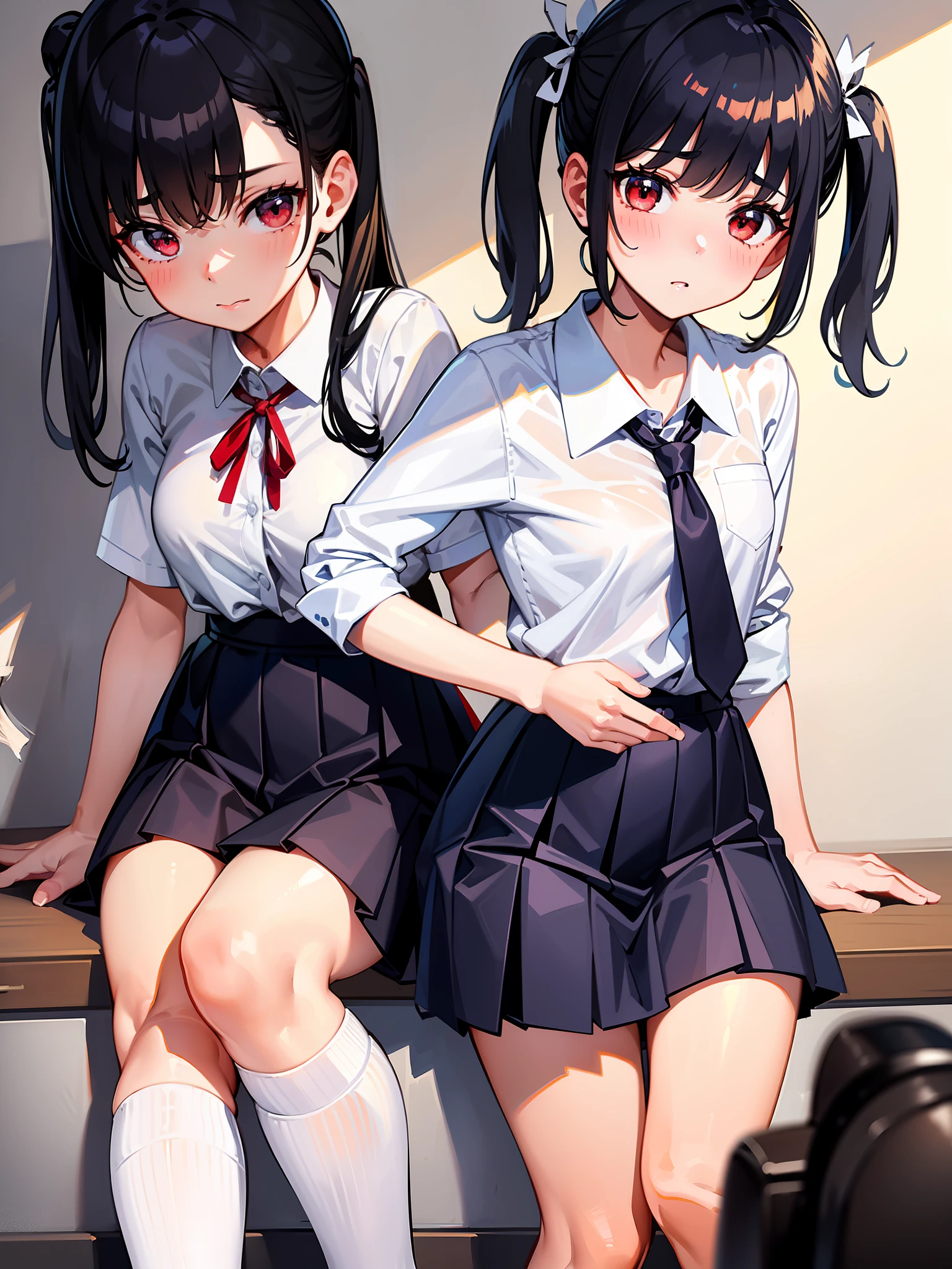A girl with black hair tied short in twin tails and a ribbon is wearing a clean white shirt and navy blue school uniform. She wears a red tie, white socks and red shoes. The girl has a -like atmosphere and also has the characteristics of small breasts. This illustration is very detailed, the girl's facial expressions and poses are dynamically drawn, and the background is also beautifully and meticulously drawn. The image quality is also high, with clear details and shadows.