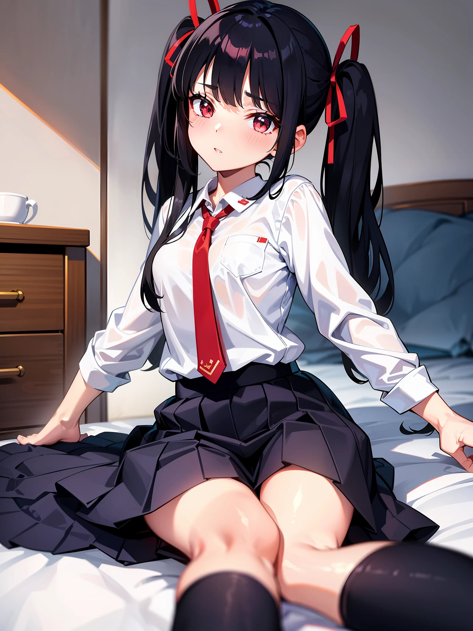 A girl with black hair tied short in twin tails and a ribbon is wearing a clean white shirt and navy blue school uniform. She wears a red tie, white socks and red shoes. The girl has a loli-like atmosphere and also has the characteristics of small breasts. This illustration is very detailed, the girl's facial expressions and poses are dynamically drawn, and the background is also beautifully and meticulously drawn. The image quality is also high, with clear details and shadows.