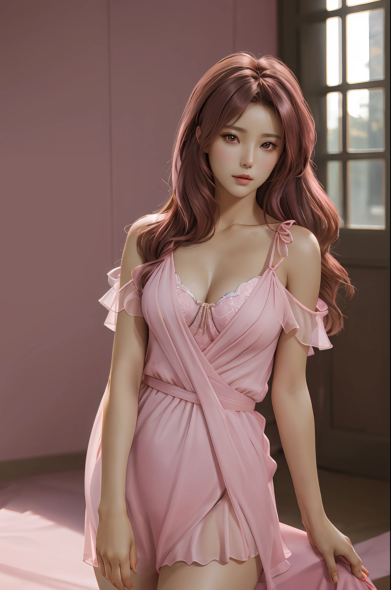 Masterpiece, mink cicada, sexy beauty, wearing pink sexy revealing clothes, glare eyes, brown hair, shy expression, hands on the head, chest straight, chest contour is obvious, plump, thin waist long legs upturned hips, higher image quality, 8k resolution, super high resolution, (realistic: 1.4)