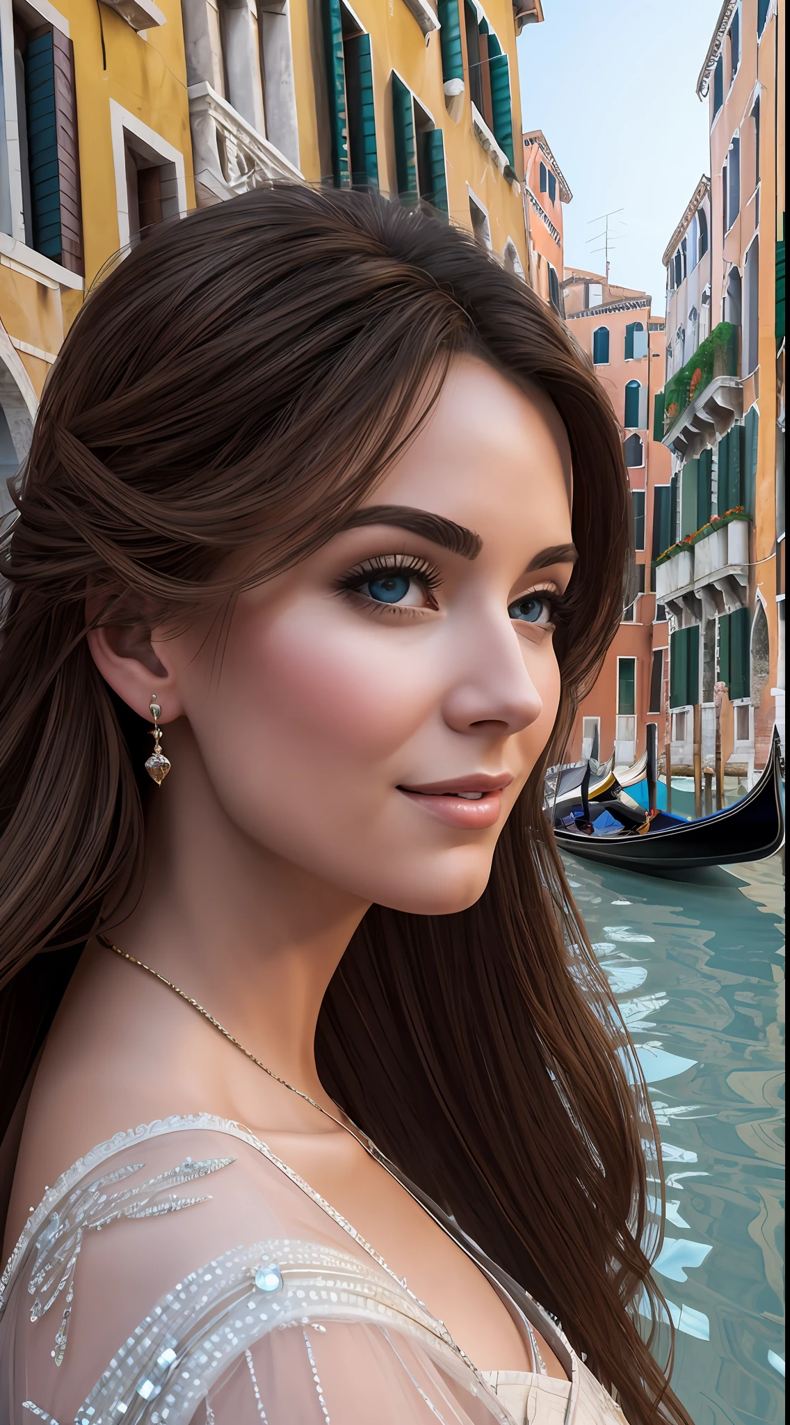 Masterpiece photography, Ultra realistic, 4k, 12k, hyper realistic, In the romantic city of Venice, the beautiful woman moves with elegance along the canals, her captivating eyes reflecting the shimmering waters, embodying the city's allure and embodying the epitome of Venetian charm.
