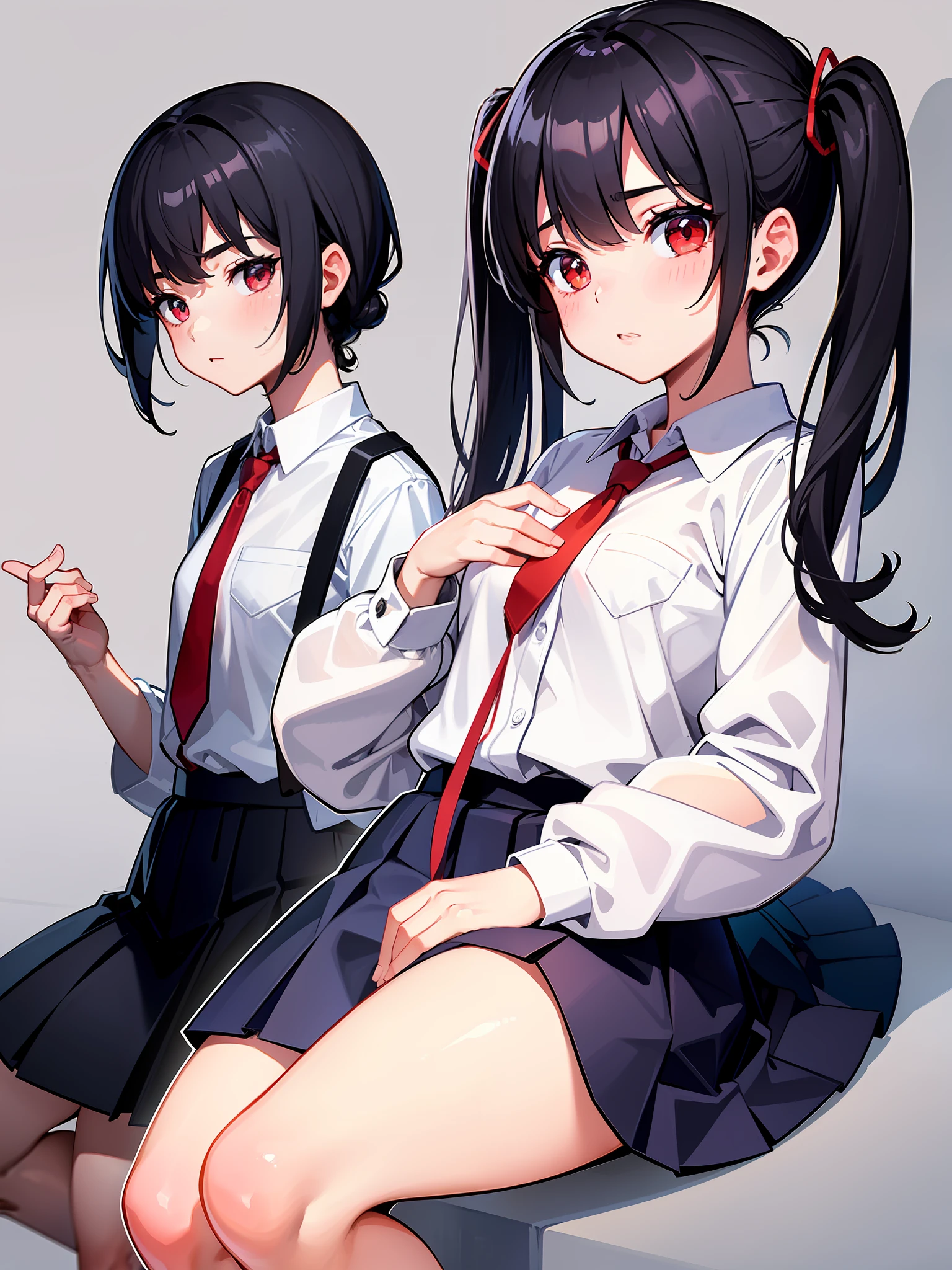 A girl with black hair tied short in twin tails and a ribbon is wearing a clean white shirt and navy blue school uniform. She wears a red tie, white socks and red shoes. The girl has a loli-like atmosphere and also has the characteristics of small breasts. This illustration is very detailed, the girl's facial expressions and poses are dynamically drawn, and the background is also beautifully and meticulously drawn. The image quality is also high, with clear details and shadows.