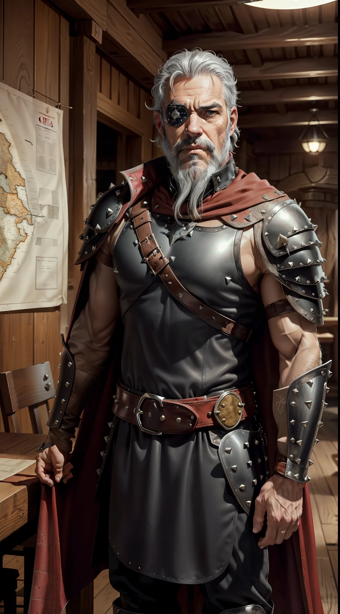 a man, (((solo)))), (55 years old, middle-aged, white skin, short curly gray hair, gray beard, black eyes, with an eye patch), (wears a studded leather armor, a red-colored cape), (he stands in front of a table with a map), medieval fantasy