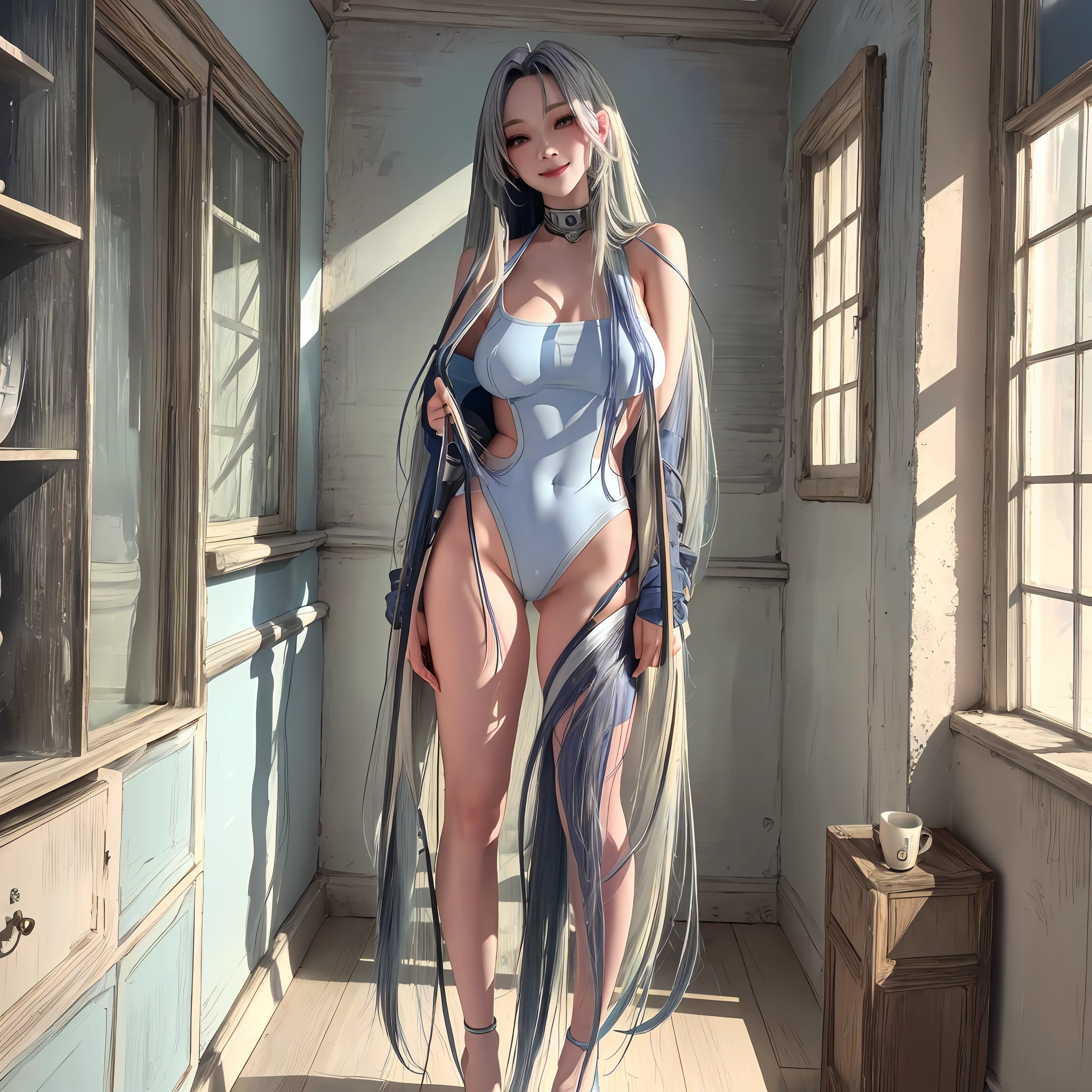 (8k, RAW photo, best quality, masterpiece: 1.2), ultra detail, ultra high resolution, (realistic: 1.3), portrait, high detail RAW color photo, professional photo, (aaespakarina: 1.2) full nude, masturbation, long hair, straight hair, (light blue and silver hair), (mixed color hair), (gradient hair), smile at the camera, in the bedroom, Godas, full body shot