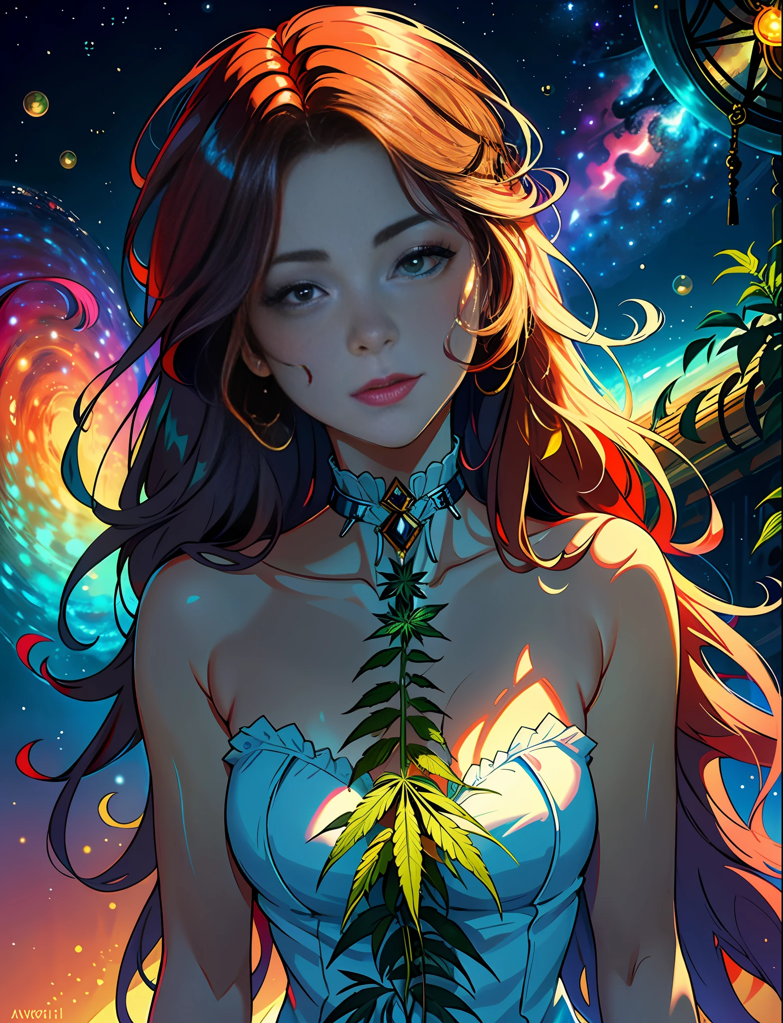 Close up Hemp, leaf, marijuana, cannabis cone, ((illustration)), colorful, wallpaper, energy, unknown horror, secret, magical environment, magical environment, magic wand, books, pages flying in the sky, omniscience, prediction of the future, understanding the past, frost magic, warlock, magic circle, pentagram, spells, chant magic, red hair, long hair, close-up of the most beautiful beautiful woman and man, stylish, fashionable, perfect, elegant tenderness, trendy artstation, Romance, Passion, Cool, Lovers, Lovers, Touch, Weasel from the galaxy of stars underwater, Hyperdetailed, Retrofuturistic, Abstract art, Art by Leonid Afremov, Kandinsky, Psychedelic --v 6