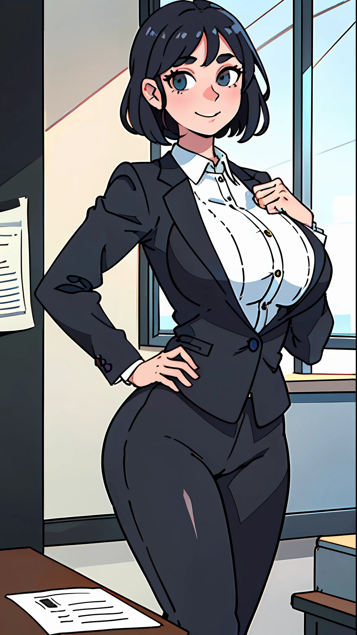 (Best quality, 8k, 32k, Masterpiece, UHD:1.2), 1girl, beautiful woman,long hair, wide hips,gigantic breasts,gray suit,office lady, suit, pants, front, office room, desk, (stretches buttocks:1.2), detailed face, short hair, looking at the viewer,smiling