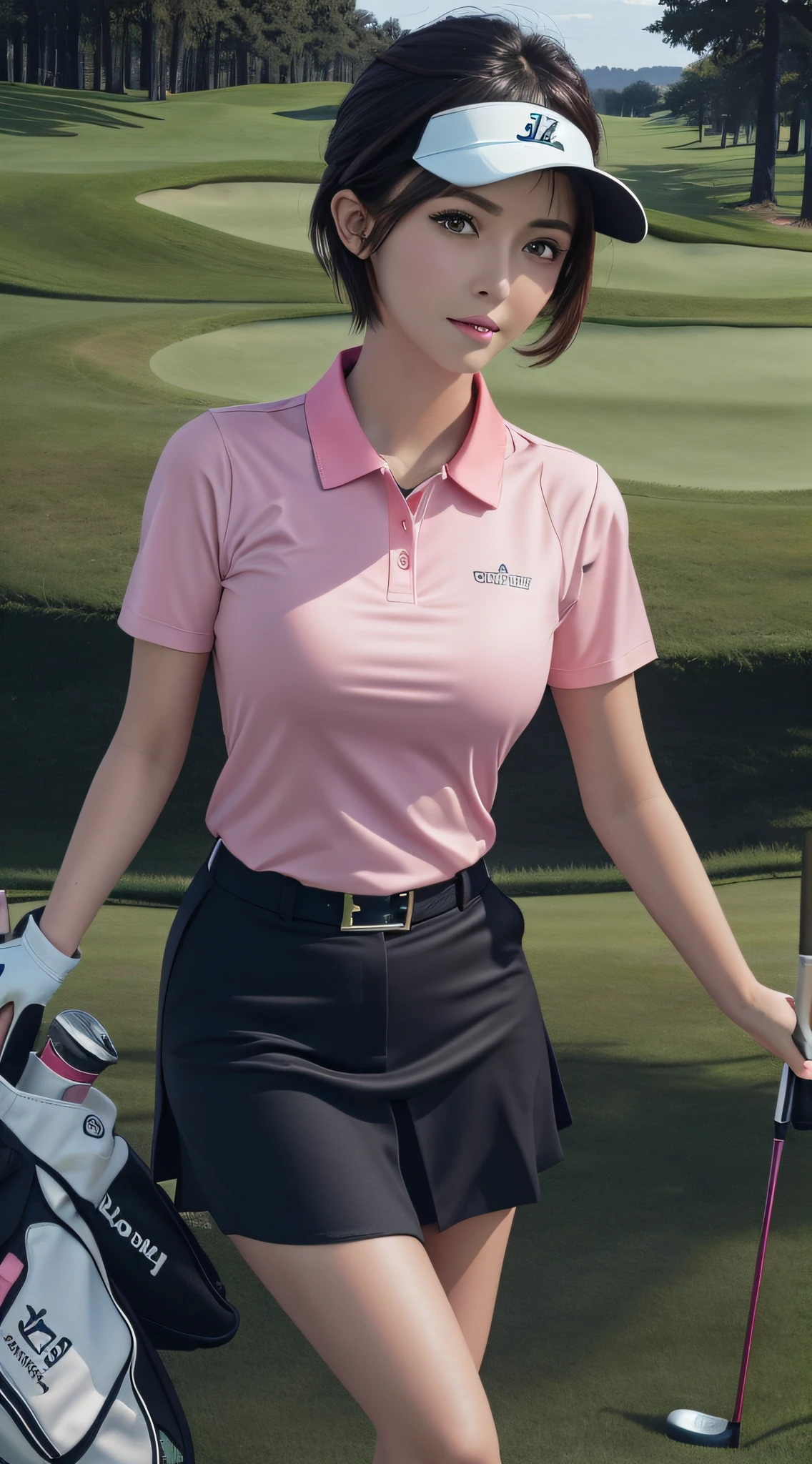(Masterpiece: 1.3), (8k, photorealistic, RAW photo, best quality: 1.4), (1girl), beautiful face, (realistic face), (black hair, short hair: 1.3), beautiful hairstyle, realistic eyes, beautiful detail eyes, (realistic skin), beautiful skin, (pink golf wear), absurd, attractive, ultra high resolution, ultra realistic, high definition, golden ratio, (golf_ Wearing outfit, wearing golf_Sun visor), cute, girls, golf, fashionable golf wear