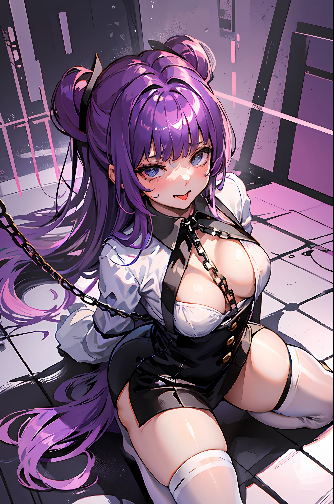 masterpiece,1girl,solo,  purple hair, metal collar, top-down bottom-up, tears,tongue out,  white legwear, chain leash,arms behind back:1.2,kneeling,bondage,bdsm,