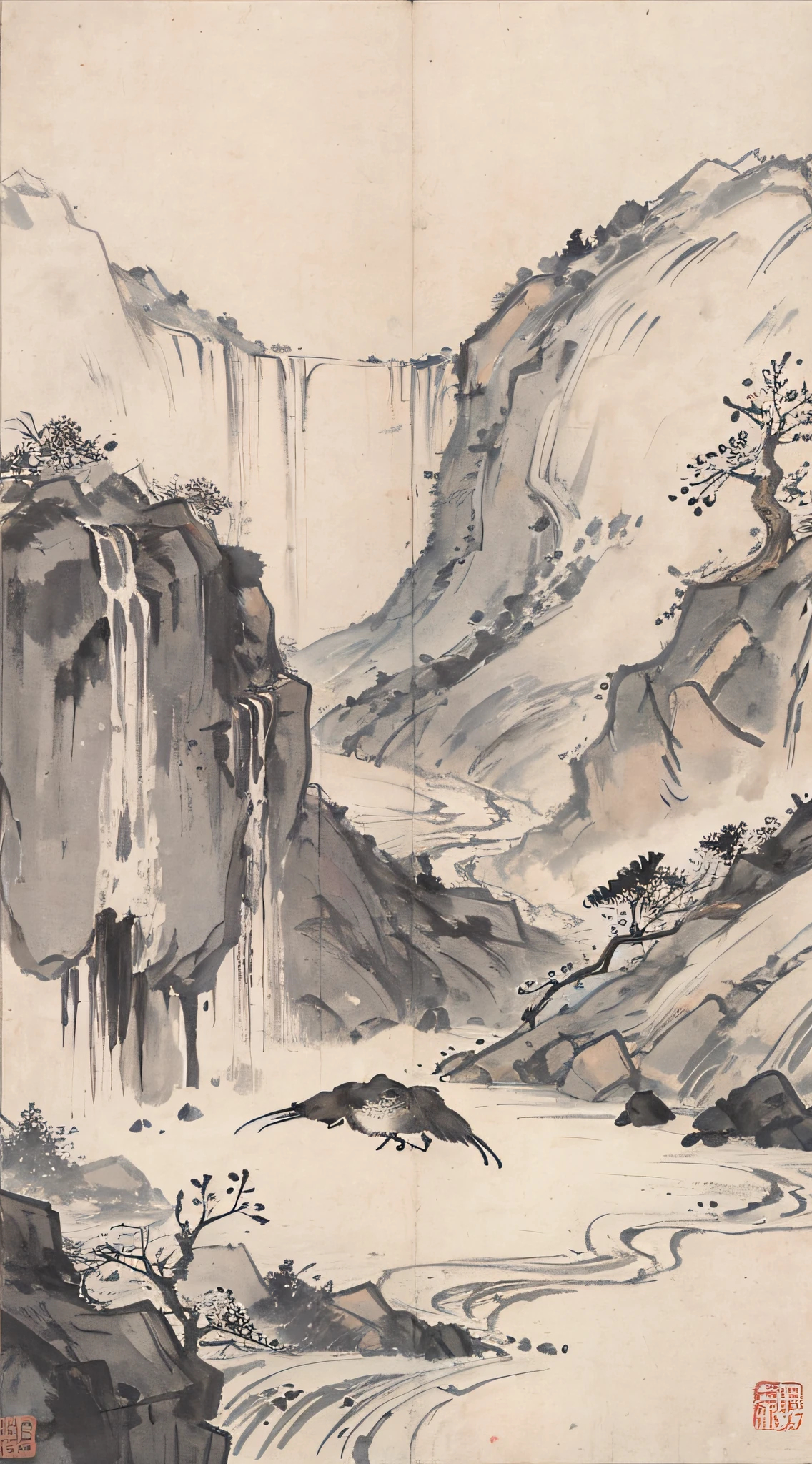(Masterpiece, best quality: 1.2), traditional Chinese ink painting, large waterfalls between mountains, big rivers, grand, flying birds
