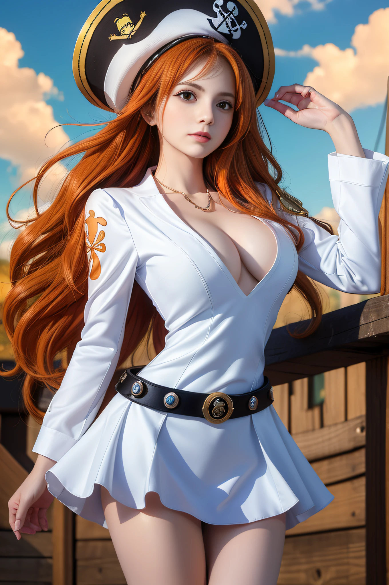 (((masterpiece+best quality+high resolution+ultra-detailed))), 1girl with clima-tact, Nami, long silky orange hair, high nose, sharp eyes, noble and inviolable temperament, (([female]: 1.2 + [beauty]: 1.2 + orange long hair: 1.2)), pirate ship background, blue sky, clouds, bracelets, white long sleeve mini dress and donned another belt, bright eyes, dynamic angle and posture.