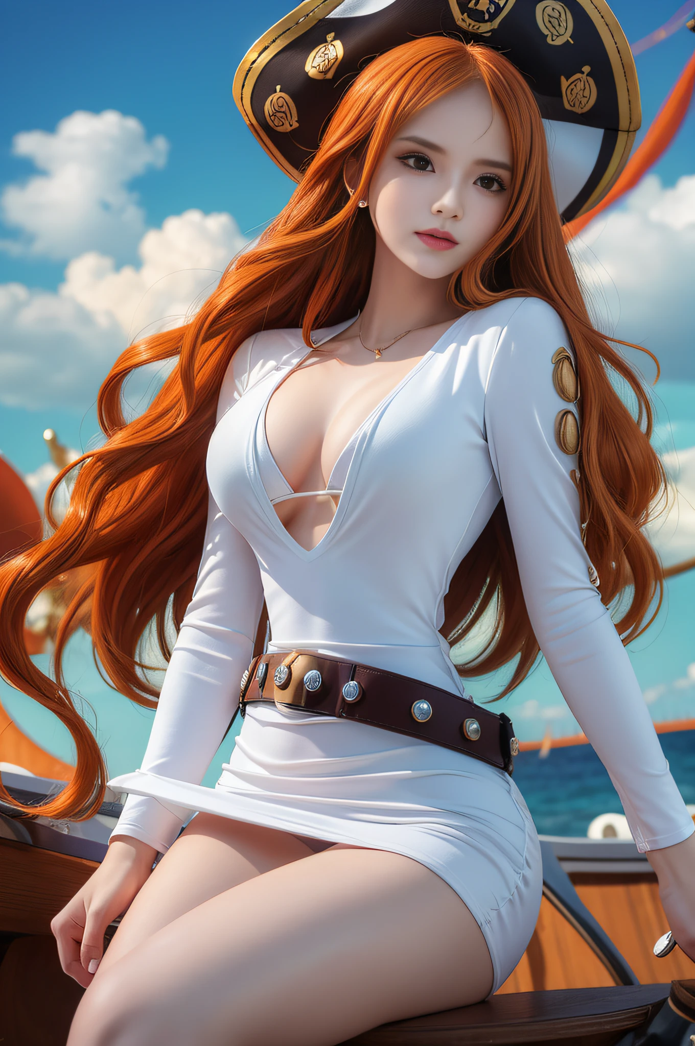 (((masterpiece+best quality+high resolution+ultra-detailed))), 1girl with clima-tact, Nami, long silky orange hair, high nose, sharp eyes, noble and inviolable temperament, (([female]: 1.2 + [beauty]: 1.2 + orange long hair: 1.2)), pirate ship background, blue sky, clouds, bracelets, white long sleeve mini dress and donned another belt, bright eyes, dynamic angle and posture.
