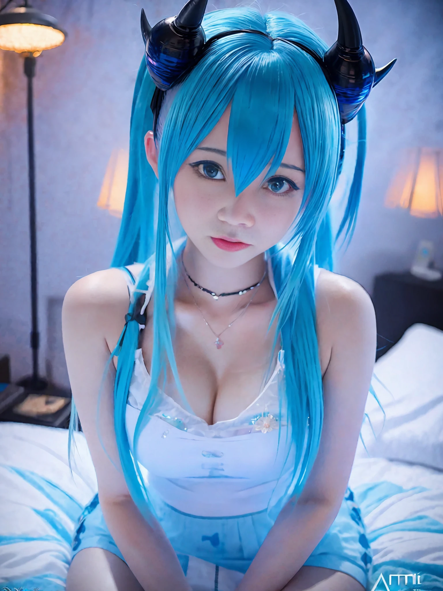 anime girl with blue hair and horns sitting on bed, seductive anime girl, [digital art 4k]!!, detailed anime digital art, anime! 4k, animation! 4k, anime style 4k, highly detailed artgerm, guweiz at artstation pixiv, digital anime art, mikudayo, guweiz at artstation pixiv