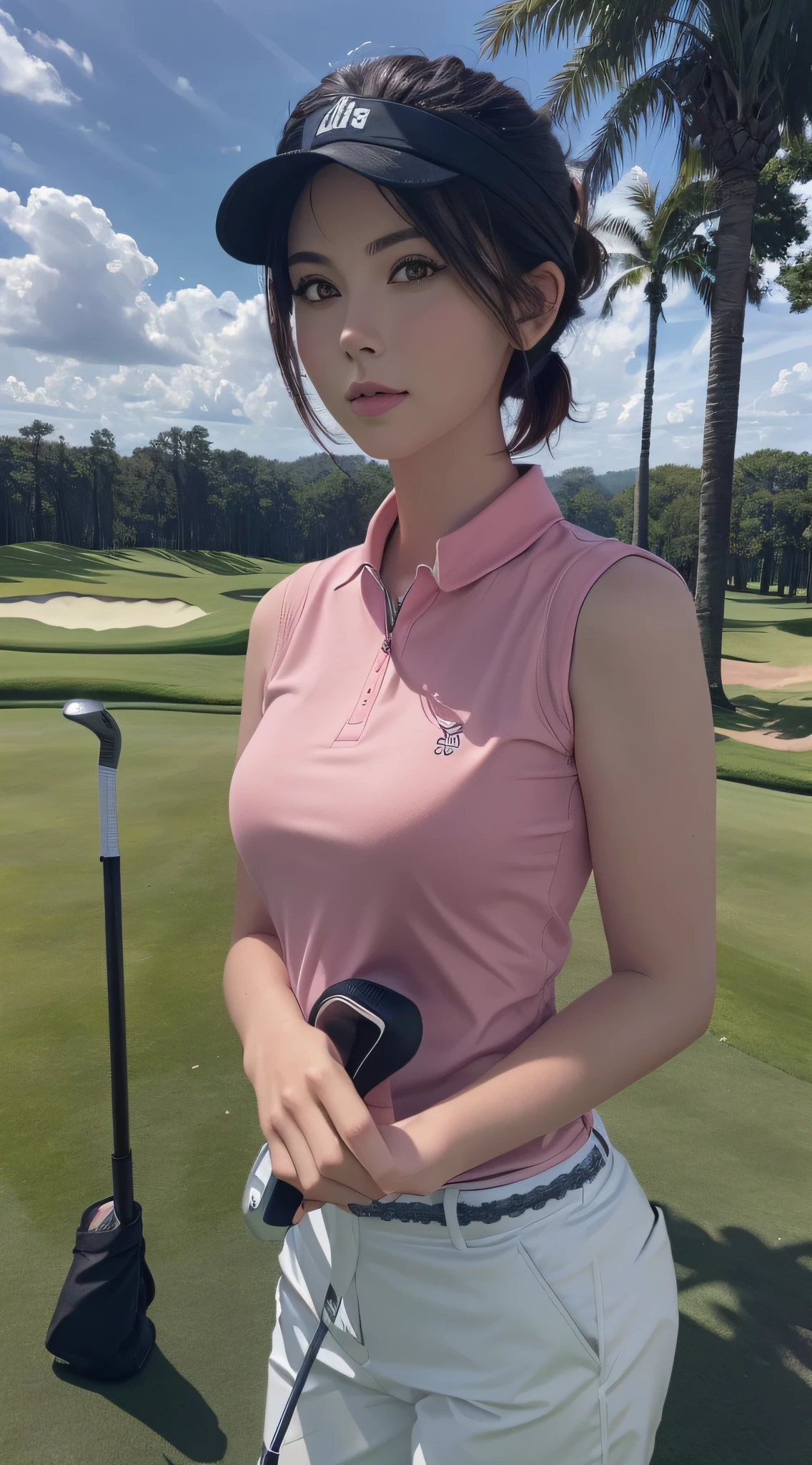 (Masterpiece: 1.3), (8k, photorealistic, RAW photo, best quality: 1.4), (1girl), beautiful face, (realistic face), (black hair, short hair: 1.3), beautiful hairstyle, realistic eyes, beautiful detail eyes, (realistic skin), beautiful skin, (pink golf wear), absurd, attractive, ultra high resolution, ultra realistic, high definition, golden ratio, (golf_ Wearing outfit, wearing golf_Sun visor), cute, girls, golf, fashionable golf wear