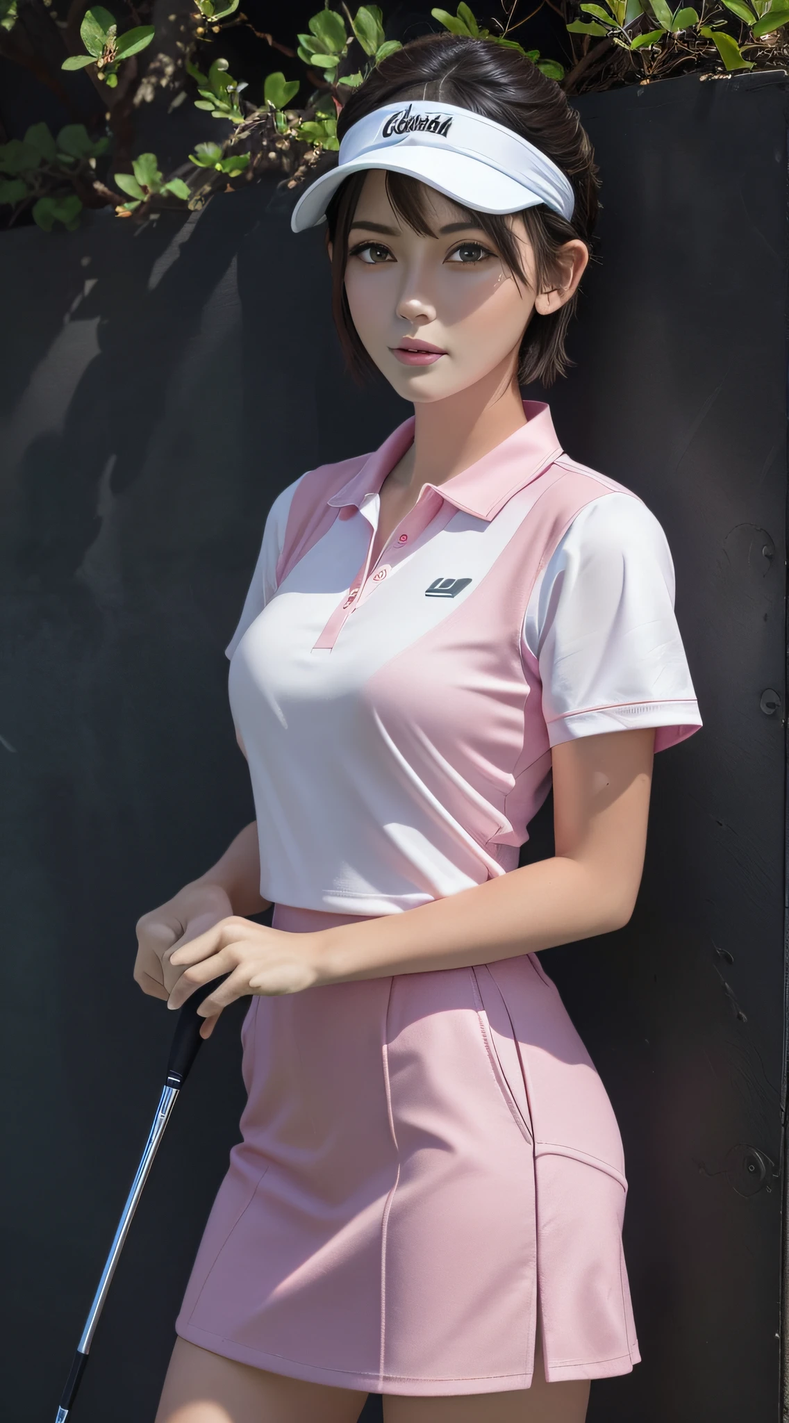 (Masterpiece: 1.3), (8k, photorealistic, RAW photo, best quality: 1.4), (1girl), beautiful face, (realistic face), (black hair, short hair: 1.3), beautiful hairstyle, realistic eyes, beautiful detail eyes, (realistic skin), beautiful skin, (pink golf wear), absurd, attractive, ultra high resolution, ultra realistic, high definition, golden ratio, (golf_ Wearing outfit, wearing golf_Sun visor), cute, girls, golf, fashionable golf wear