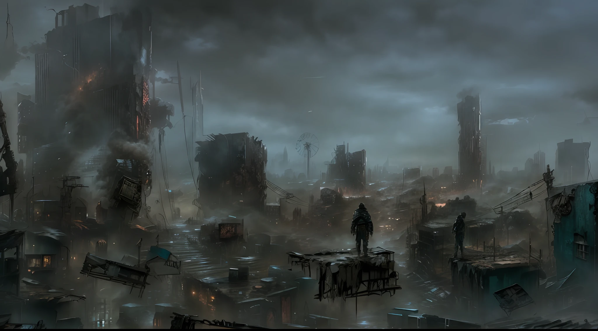 arafed city with a man standing on a roof in the middle of a city, digital concept art of dystopian, detailed atmospheric and gritty, destroyed city in the background, an abandoned dystopian city, dark cinematic concept art, set in post apocalyptic tokyo, post - apocalyptic city, in a ruined cityscape, inspired by Ismail Inceoglu, post apocalyptic atmosphere