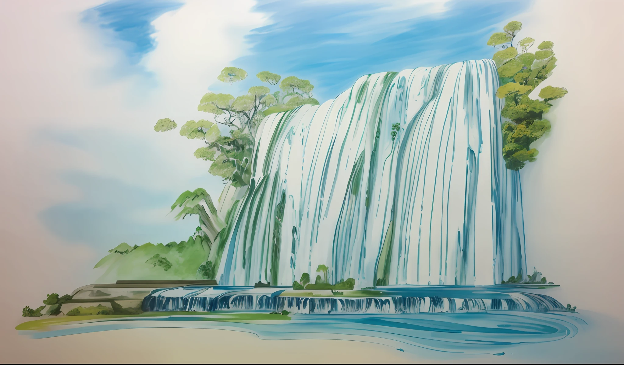 a drawing of a waterfall with trees and water, waterfall background, immense waterfall, waterfall in the background, waterfall, waterfall in background, waterfalls in the background, huge waterfall, with trees and waterfalls, waterfall in distance, an endless waterfall, (waterfall), ancient monument waterfall, with waterfalls and river, waterfalls in distance, with waterfalls, forest and waterfall, huge waterfalls