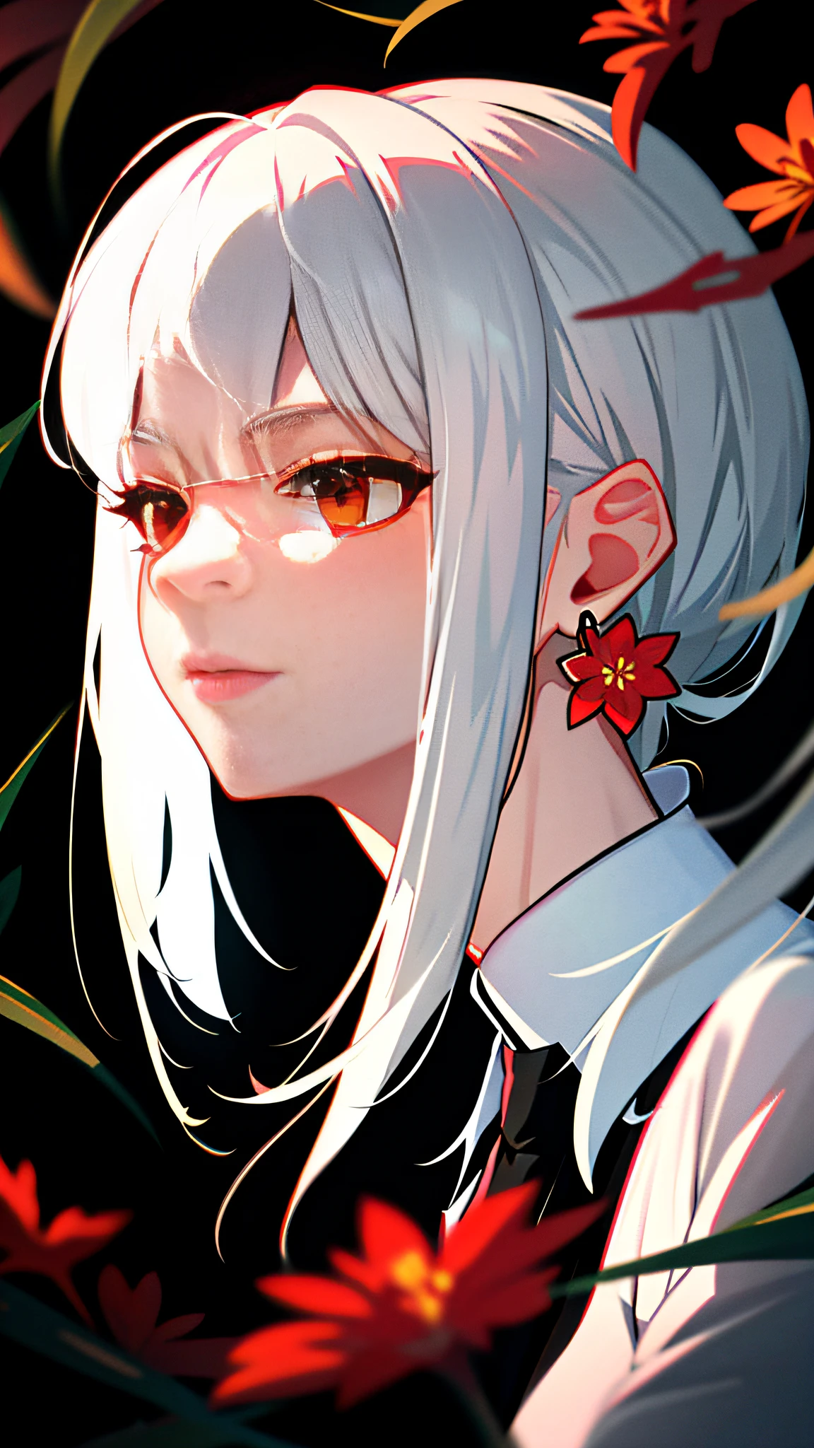 A girl, solo, flowers, portrait, leaves, bangs, white hair, long hair, red eyes, flower earrings, nine foxtails