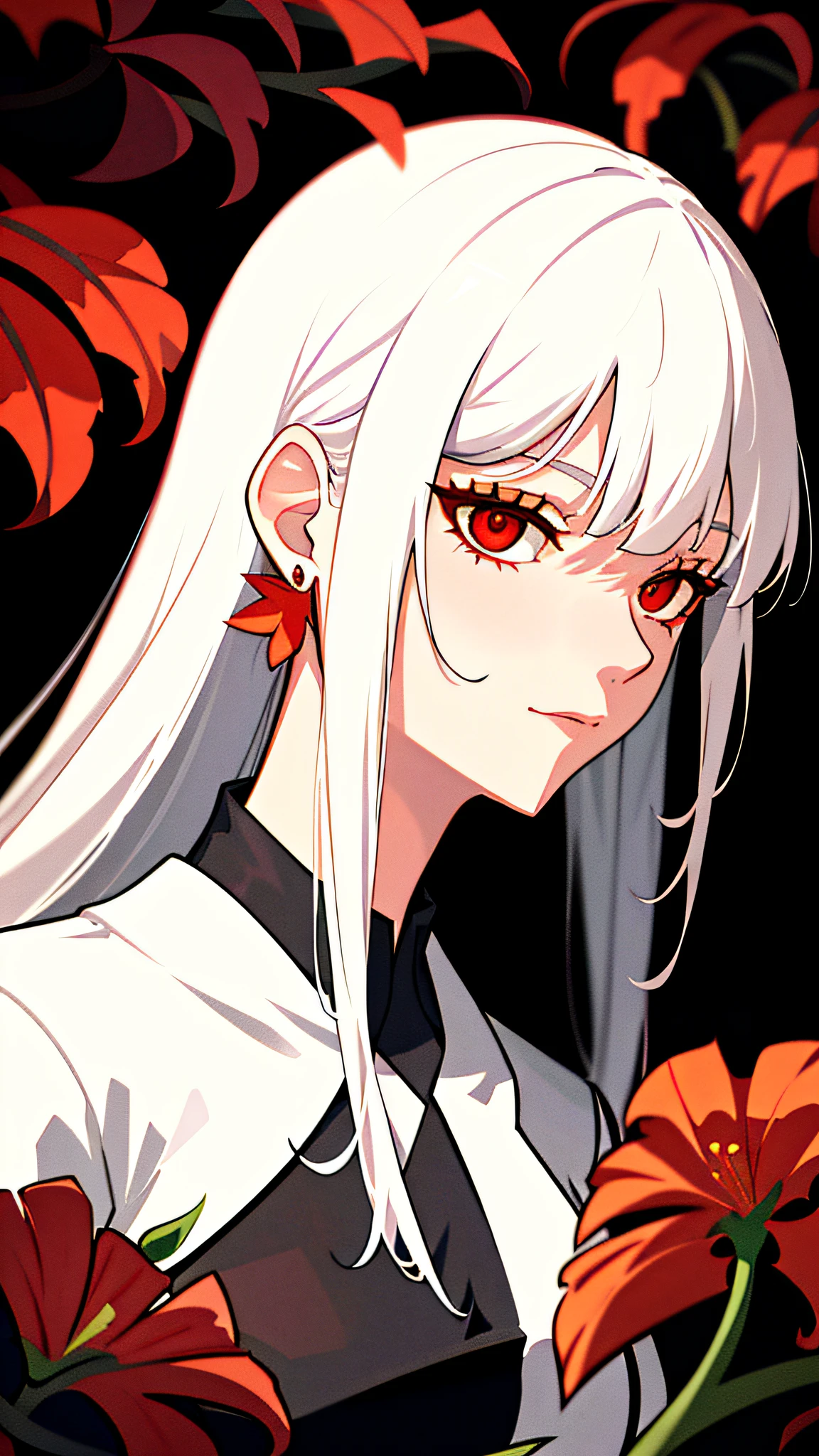 A girl, solo, flowers, portrait, leaves, bangs, white hair, long hair, red eyes, flower earrings, nine foxtails