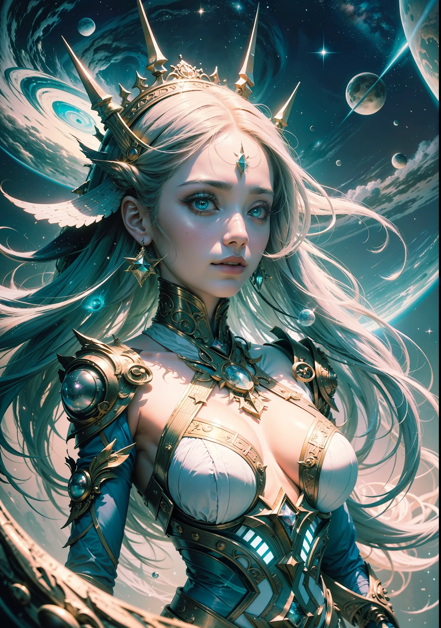 Imagine a surrealistic digital painting of the universe experiencing itself as a humanoid form, adorned in intricate pastel-colored fashion from a fantasy Renaissance era, yet with a futuristic Star Trek twist vfx 8k. With sharp focus, capture the idea of the universe fulfilling the body, and showcase the highly detailed and ornate clothing design. Create a mesmerizing concept art illustration that explores the concept of the universe as a conscious being
