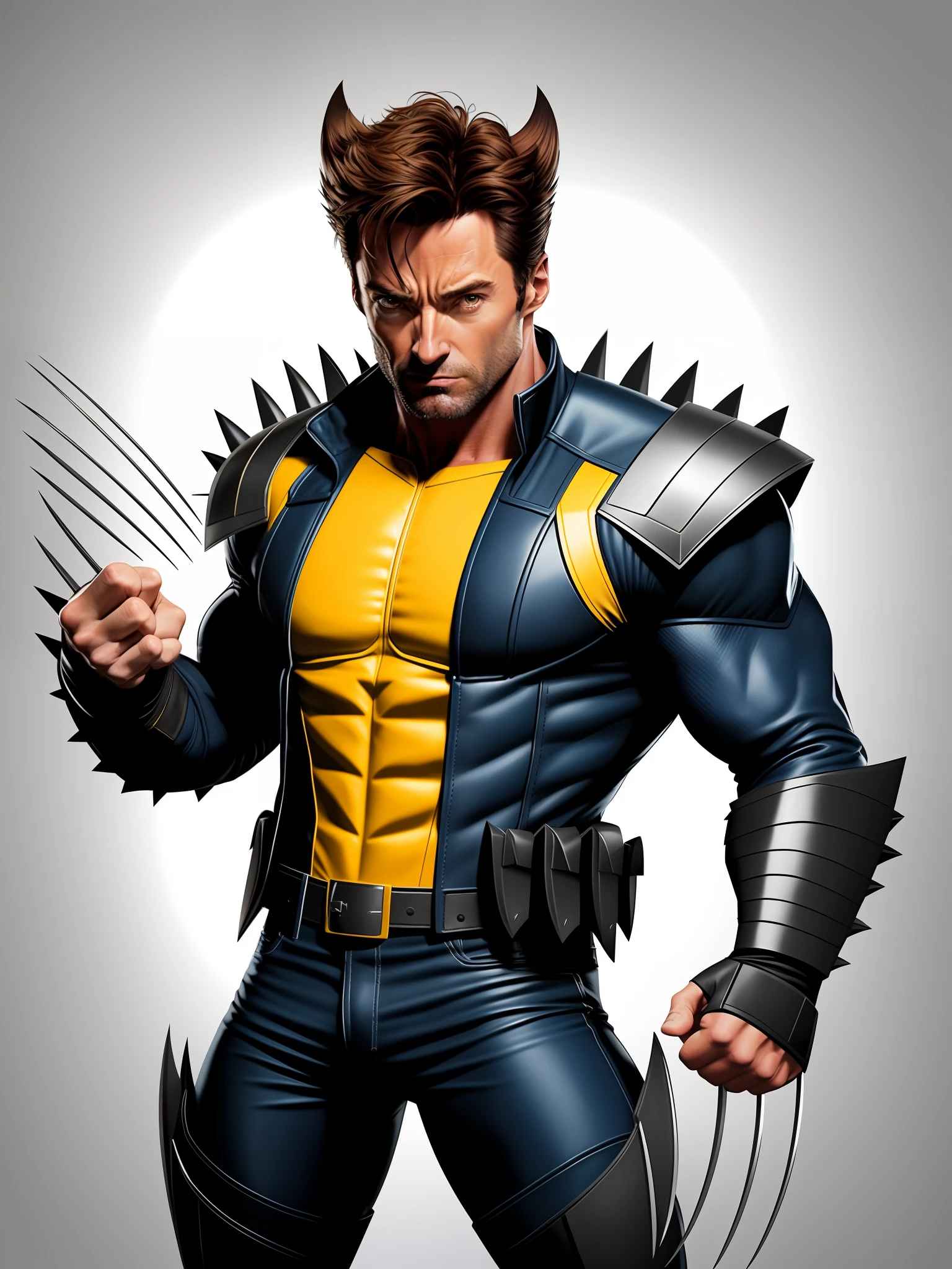 Develop a realistic visual representation of a Wolverine-inspired character, resembling actor Hugh Jackman, wearing the iconic Wolverine costume from the '90s animated series. The character is to be depicted displaying Wolverine's distinctive traits, such as spiky hair. The costume should follow the classic style, with vibrant colors including blue shoulder pads, yellow attire with black accents, and black boots and gloves. Be sure to capture the essence of the character, combining Hugh Jackman's look with the nostalgic costume of '90s animation, but without the mask that partially covers the face