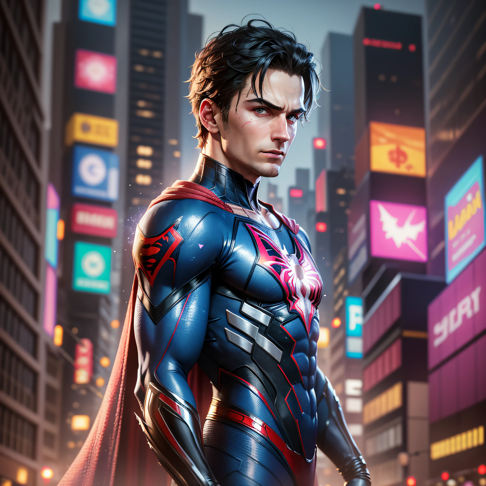 Hyperrealistic photo of a mix of Spider-Man, Batman and Superman, 8K, hyperreal, fine detail, blue and pink face lights in a cyberpunk city, particles of lights in the background and blurred cherry blossoms --auto --s2