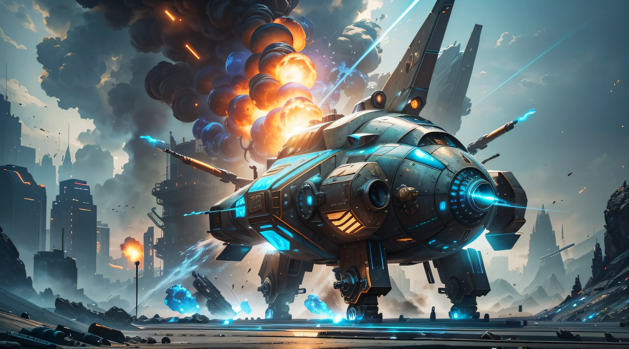 Steampunk style, cold colors, cinematic effects, futuristic sci-fi giant armored car, there are many missiles hanging on the armored body, super details, light and shadow, particle light, particle special effects, blue flame erupting from the tail, ambient lights, surreal sci-fi dock in the background, aesthetic, 8K, top painting, concept art, epic composition, with HD details, metallic texture and tension composition, hyper-realistic, ultra-realistic, rich in detail, 3D.