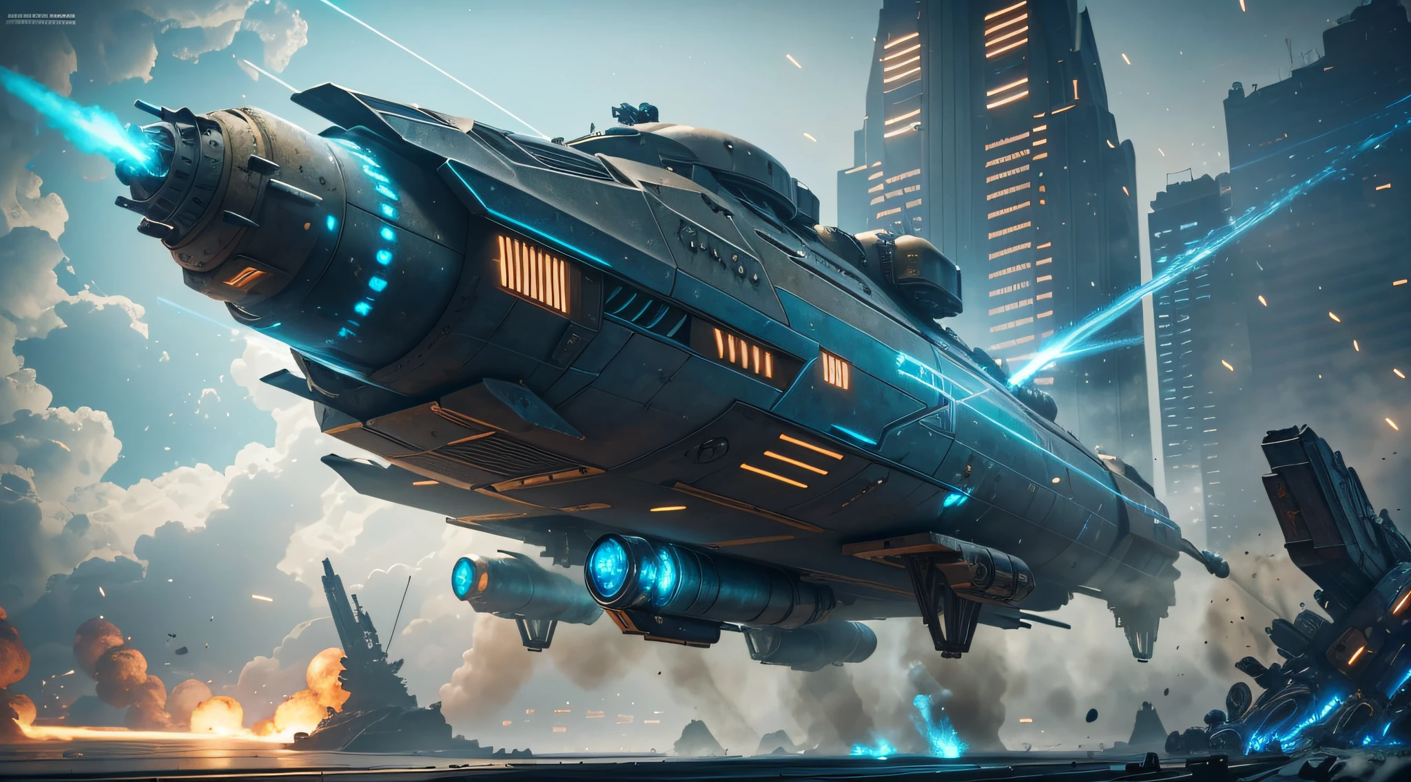 Steampunk style, cold colors, cinematic effects, futuristic sci-fi giant armored car, there are many missiles hanging on the armored body, super details, light and shadow, particle light, particle special effects, blue flame erupting from the tail, ambient lights, surreal sci-fi dock in the background, aesthetic, 8K, top painting, concept art, epic composition, with HD details, metallic texture and tension composition, hyper-realistic, ultra-realistic, rich in detail, 3D.