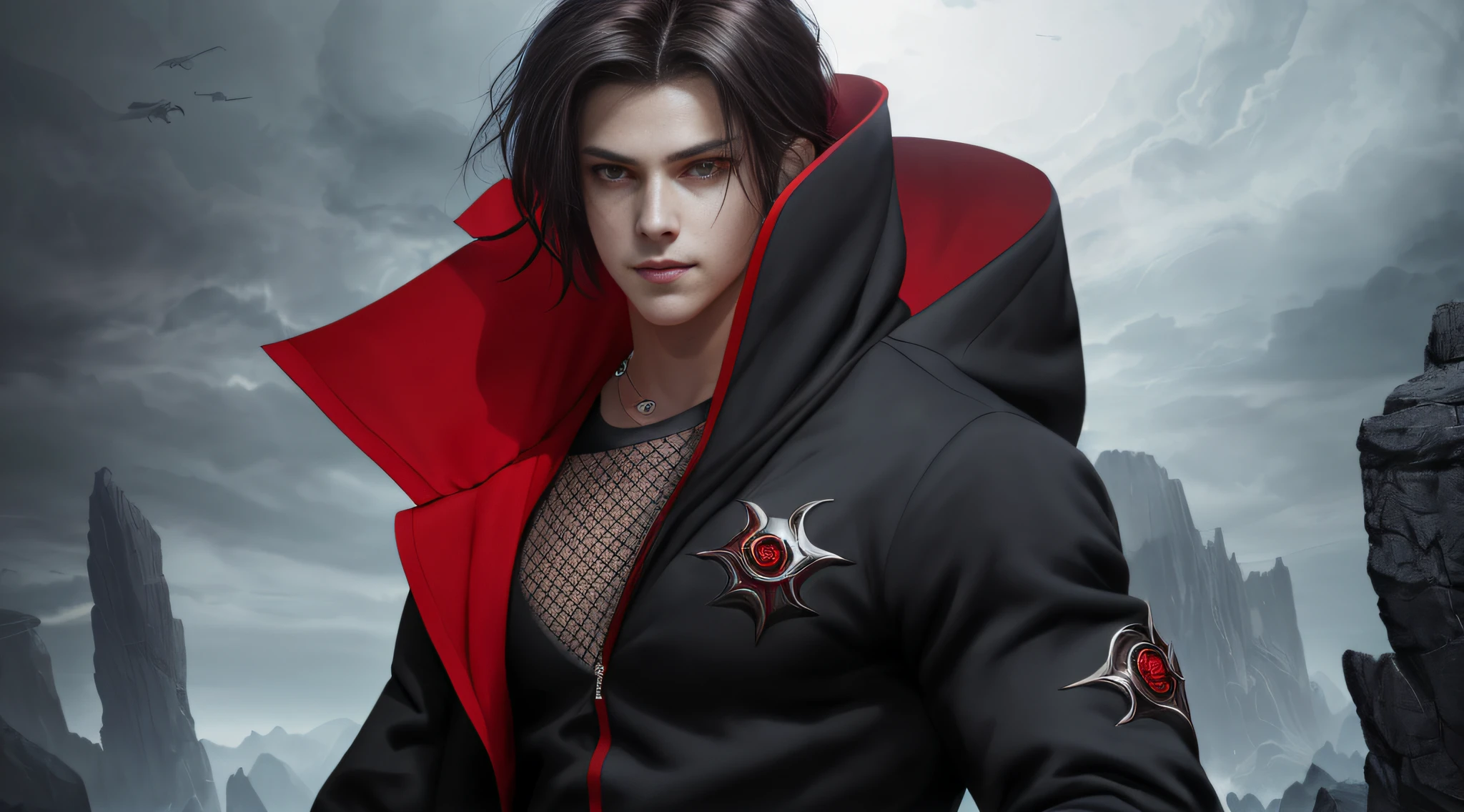(CG 8k wallpaper extremely detailed, masterpiece, best quality, ultra-detailed), dynamic pose, a stunning and handsome young man with a seductive hood, (far dark hair, a hint of smile, piercing eyes), dramatic shadows, dark atmosphere.
