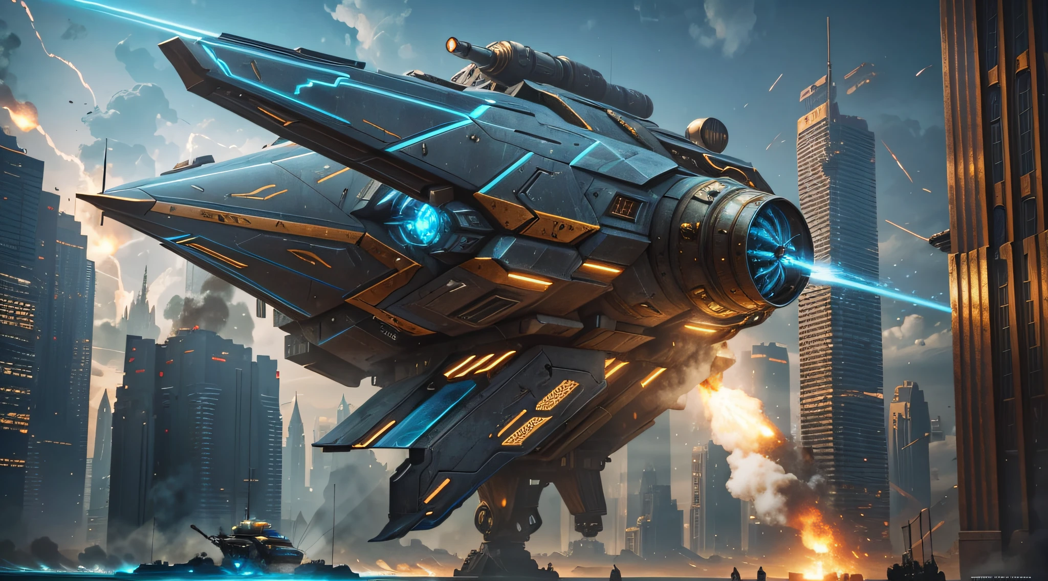 Steampunk style, cold colors, cinematic effects, futuristic sci-fi giant armored car, there are many missiles hanging on the armored body, super details, light and shadow, particle light, particle special effects, blue flame erupting from the tail, ambient lights, surreal sci-fi dock in the background, aesthetic, 8K, top painting, concept art, epic composition, with HD details, metallic texture and tension composition, hyper-realistic, ultra-realistic, rich in detail, 3D.