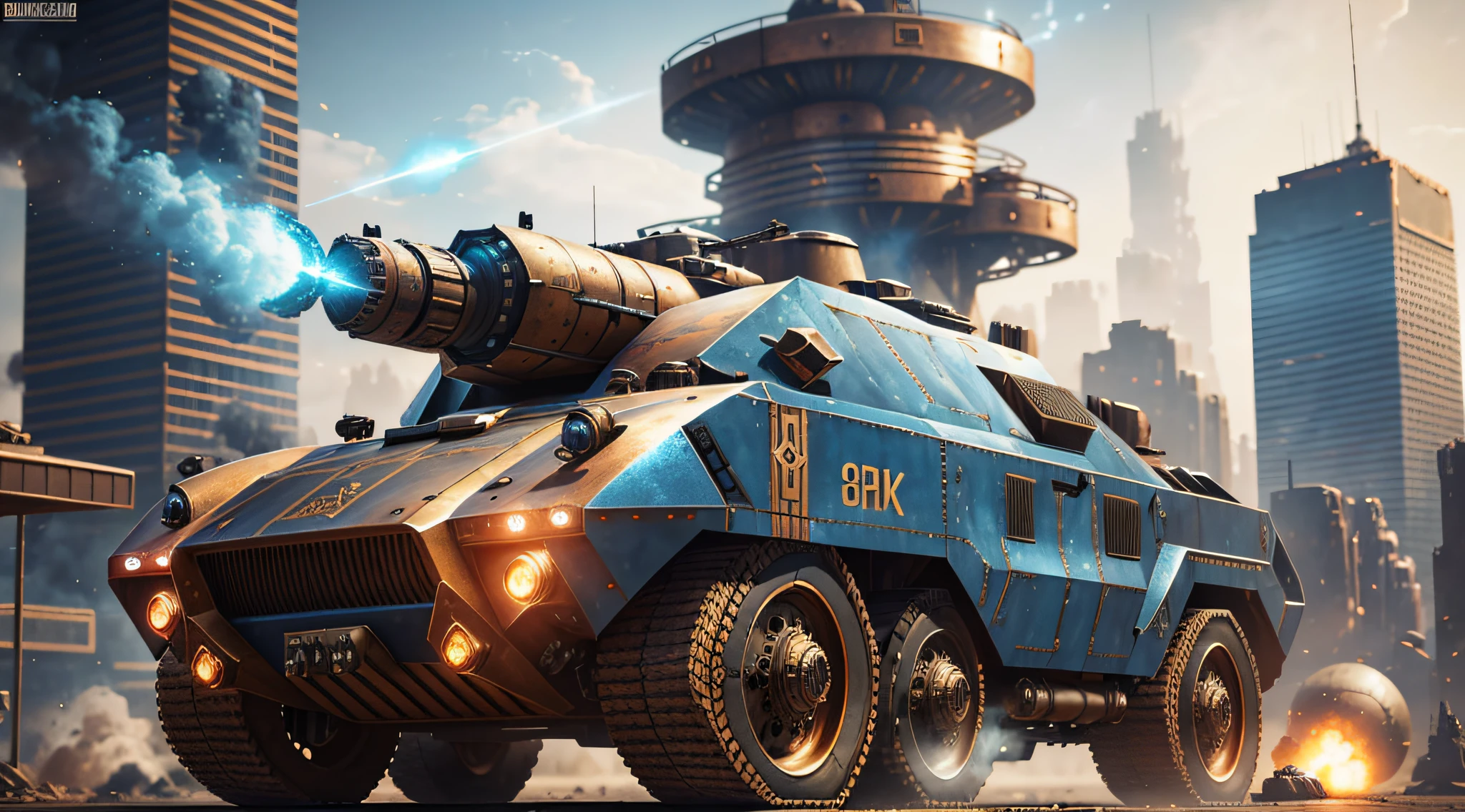 Steampunk style, cold colors, cinematic effects, futuristic sci-fi giant armored car, there are many missiles hanging on the armored body, super details, light and shadow, particle light, particle special effects, blue flame erupting from the tail, ambient lights, surreal sci-fi dock in the background, aesthetic, 8K, top painting, concept art, epic composition, with HD details, metallic texture and tension composition, hyper-realistic, ultra-realistic, rich in detail, 3D.