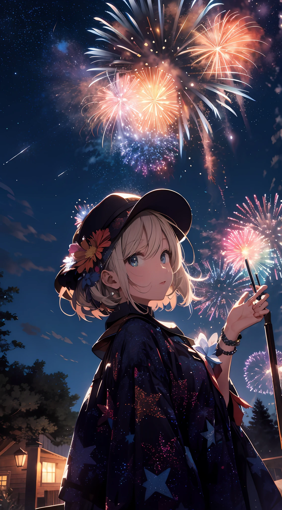 Night, fireworks, shooting stars, clouds