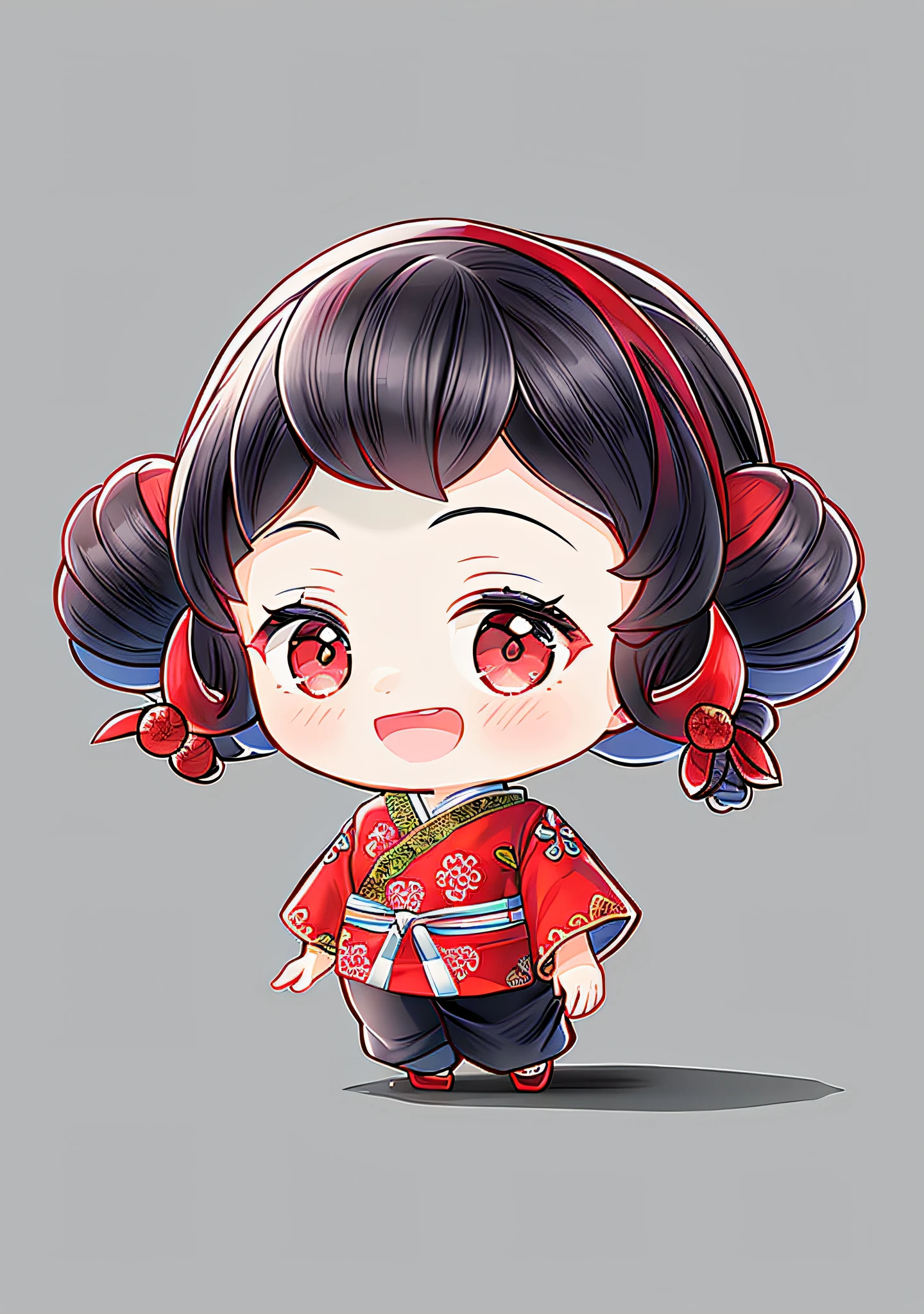 1 girl, (Chinese style: 1.5), hanfu, red clothes, long hair, double tails, boots, blush, open mouth, hair ornament, white background, solo, teruterubouzu, very long hair, long sleeves, low double tail, bow, bangs, smile, dark eyes, full body, :d, snail, red footwear, white background, standing, food-themed hair accessories, hair bow, holding, black hair, hair flower,