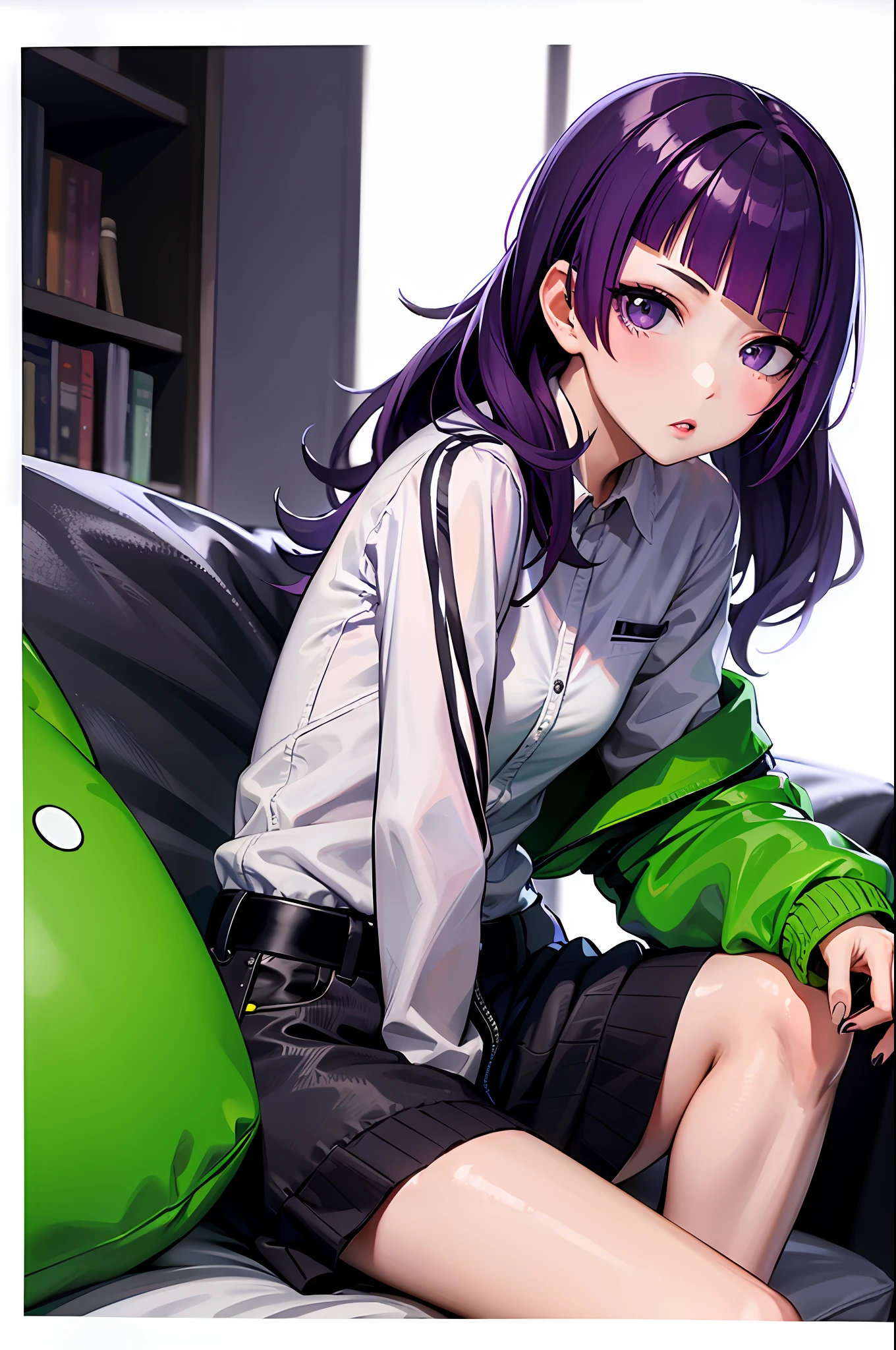 high resolution, ultra detailed, highly detailed, tanaka mamimimi, purple hair, white blouse, green jacket, sitting on the sofa,