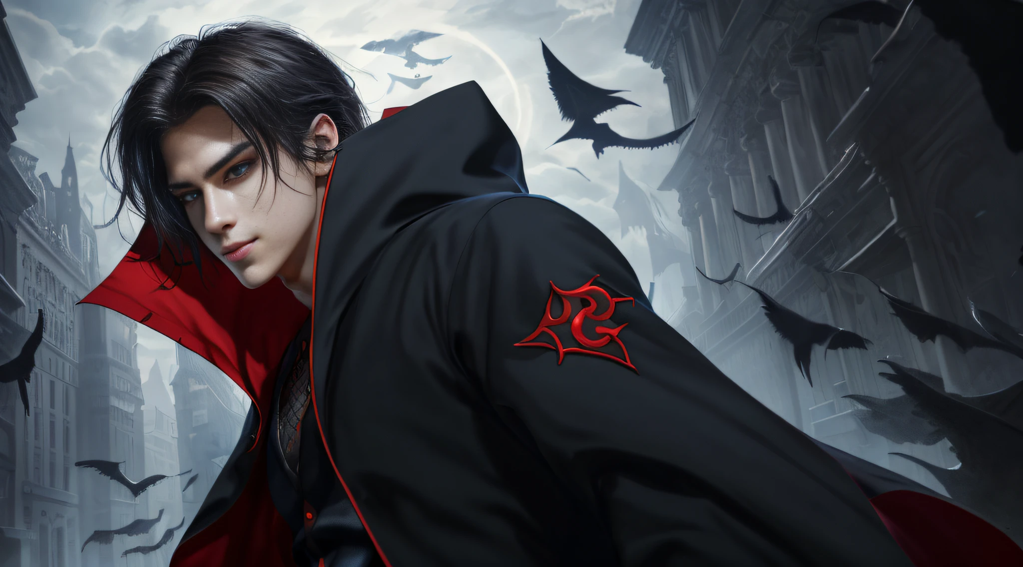 (CG 8k wallpaper extremely detailed, masterpiece, best quality, ultra-detailed), dynamic pose, a stunning and handsome young man with a seductive hood, (far dark hair, a hint of smile, piercing eyes), dramatic shadows, dark atmosphere.