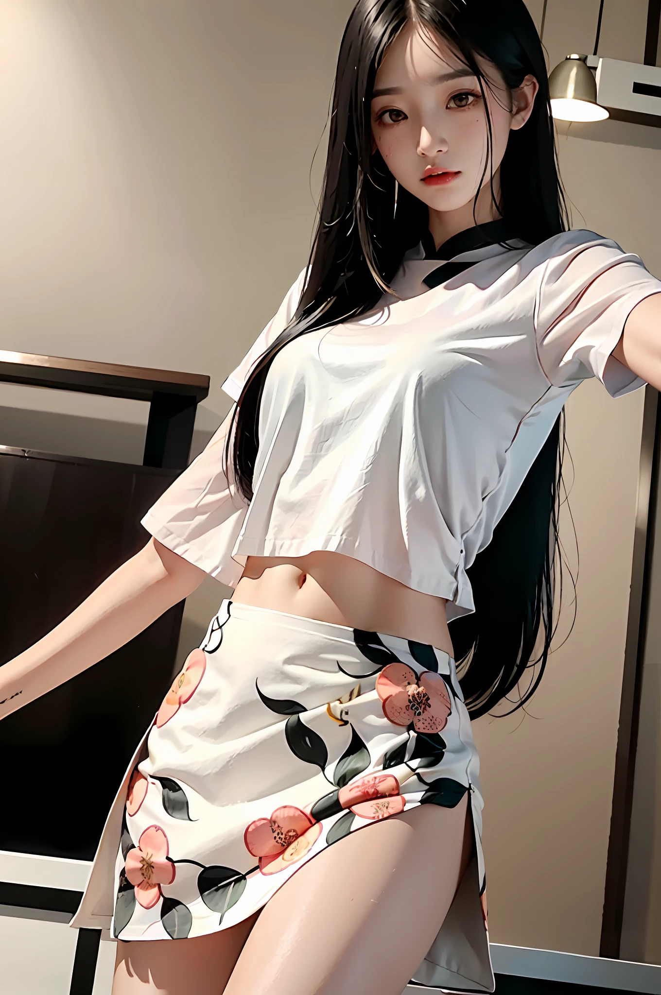 Flowing black hair, single eyelid small eyes, tall nose bridge, Yin peach small mouth, melon seed face. White shirt, stylish little floral skirt; High quality beauty