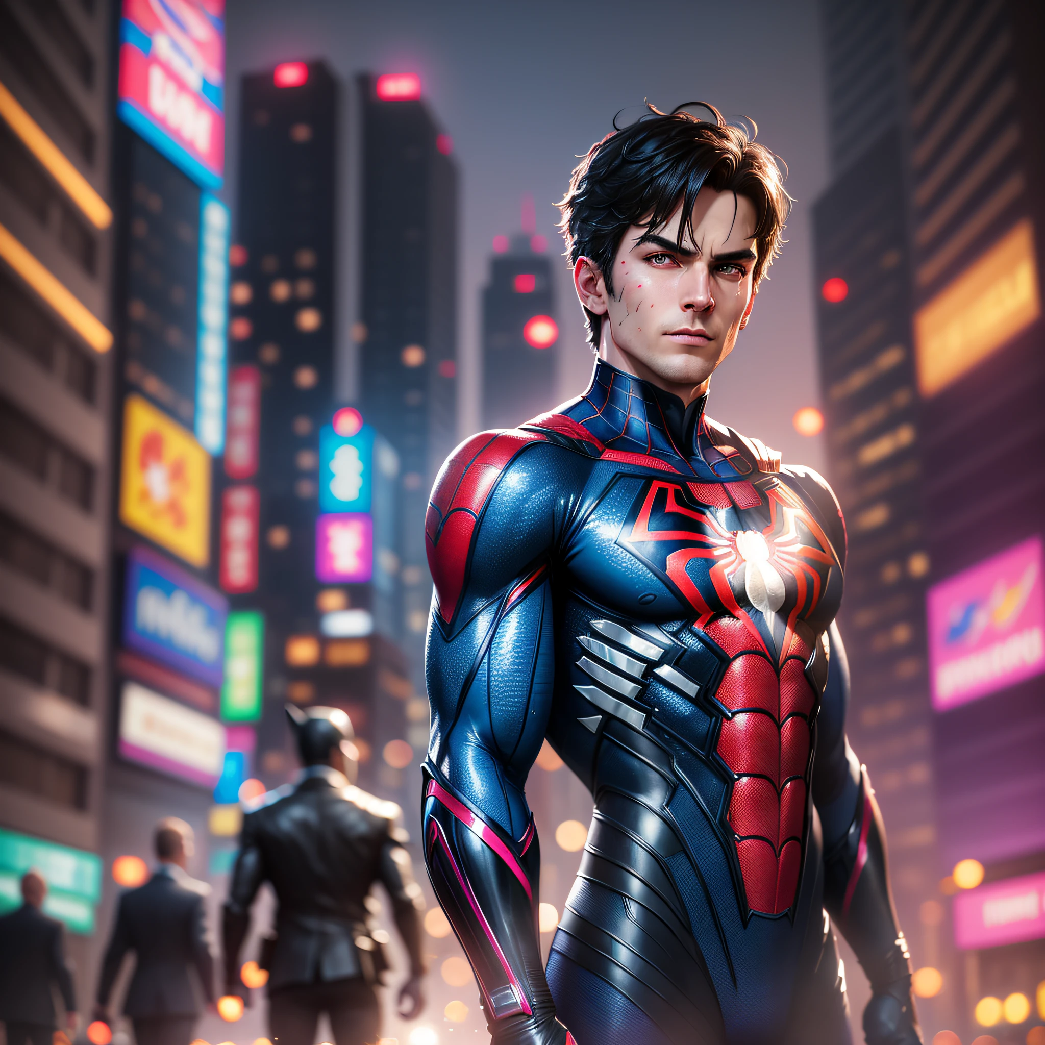 Hyperrealistic photo of a mix of Spider-Man, Batman and Superman, 8K, hyperreal, fine detail, blue and pink face lights in a cyberpunk city, particles of lights in the background and blurred cherry blossoms --auto --s2