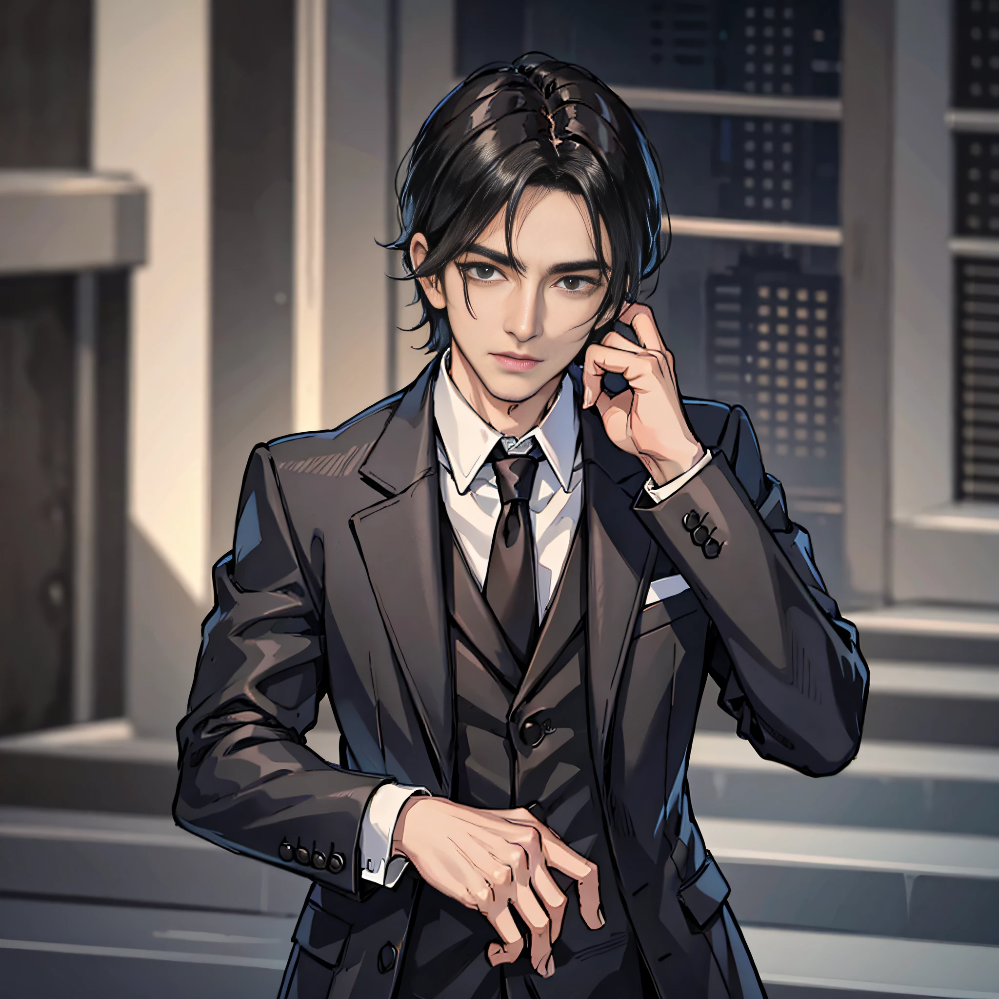 1 man, cold, black suit, tall, handsome, side hair, black hair