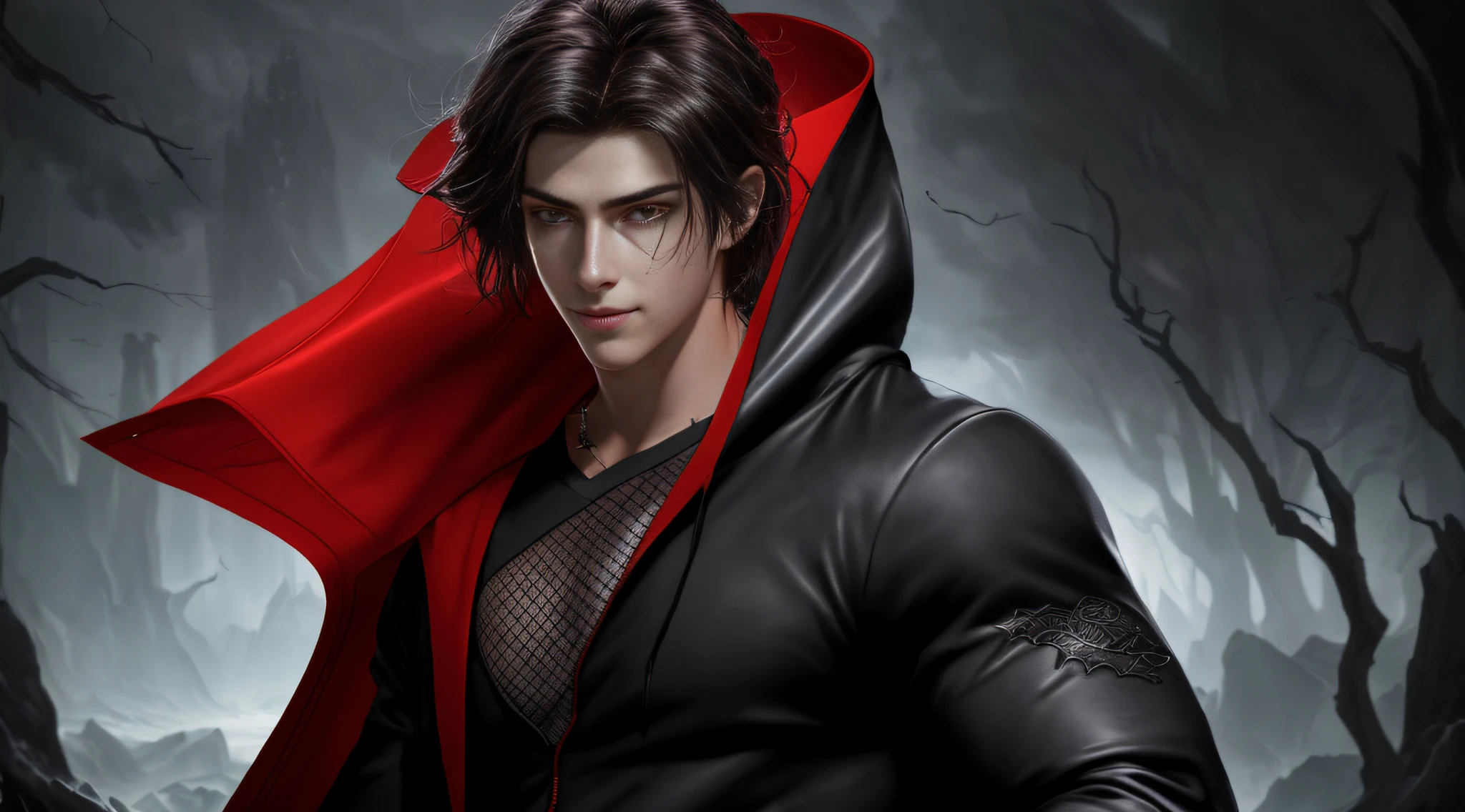 (CG 8k wallpaper extremely detailed, masterpiece, best quality, ultra-detailed), dynamic pose, a stunning and handsome young man with a seductive hood, (far dark hair, a hint of smile, piercing eyes), dramatic shadows, dark atmosphere.