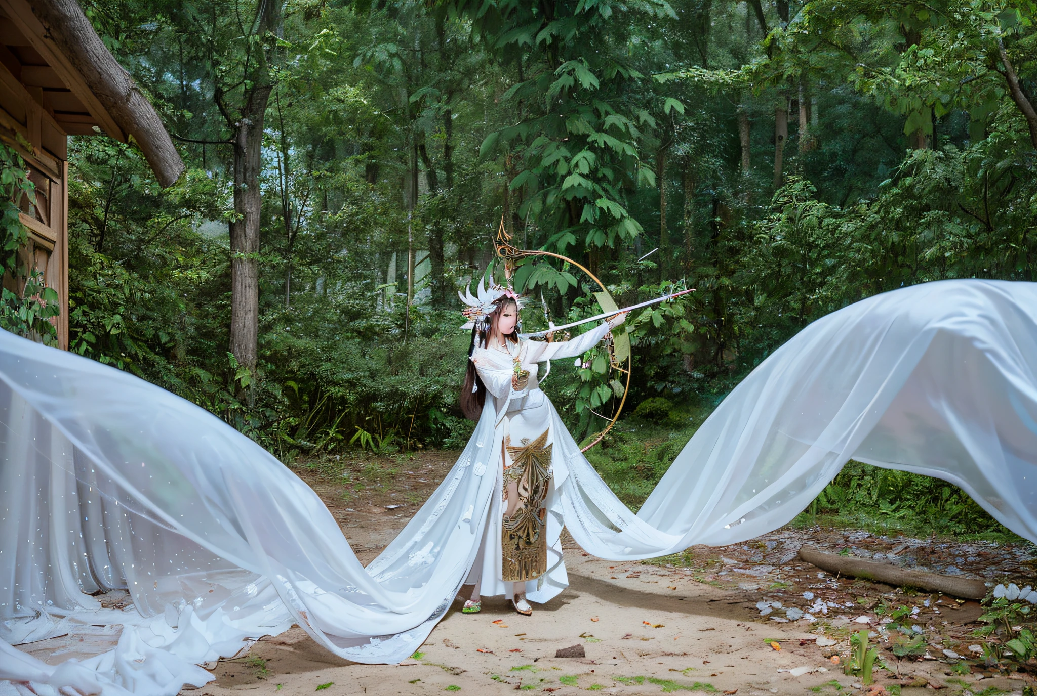 there is a woman in a white dress holding a bow and a white veil, she is dressed in shaman clothes, goddess of the forest, forest fairy, fantasy photoshoot, playing harp in magical forest, javanese mythology, queen of the forest, goddess of nature, dryad in the forest, shot on canon eos r5, shot on canon eos r 5