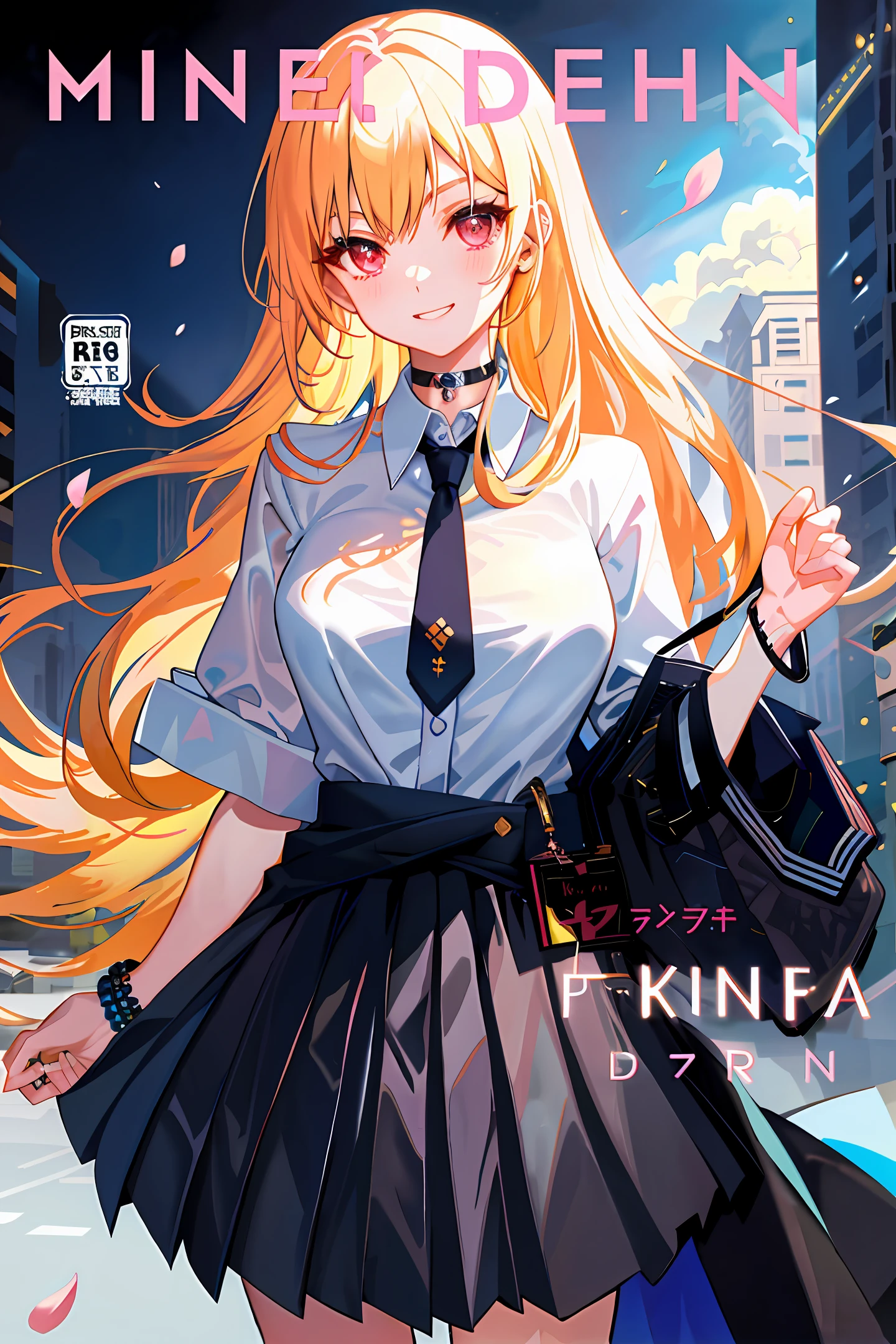masterpiece, best quality, full body, 1girl, bangs, black choker, black necktie, blonde hair, blue skirt, blush, bracelet, breasts, choker, clothes around waist, collarbone, collared shirt, cowboy shot, dress shirt, ear piercing, eyebrows visible through hair, gradient hair, grin, gyaru, jewelry, kogal, long hair, looking at viewer, loose necktie, necktie, piercing, plaid, plaid skirt, pleated skirt, red eyes, ring, school uniform, shirt, skirt, smile, solo, white shirt, street, sky, cherry blossoms, petals,illustration, (magazine:1.3), (cover-style:1.3), fashionable, woman, vibrant, outfit, posing, front, colorful, dynamic, background, elements, confident, expression, holding, statement, accessory, majestic, coiled, around, touch, scene, text, cover, bold, attention-grabbing, title, stylish, font, catchy, headline, larger, striking, modern, trendy, focus, fashion,