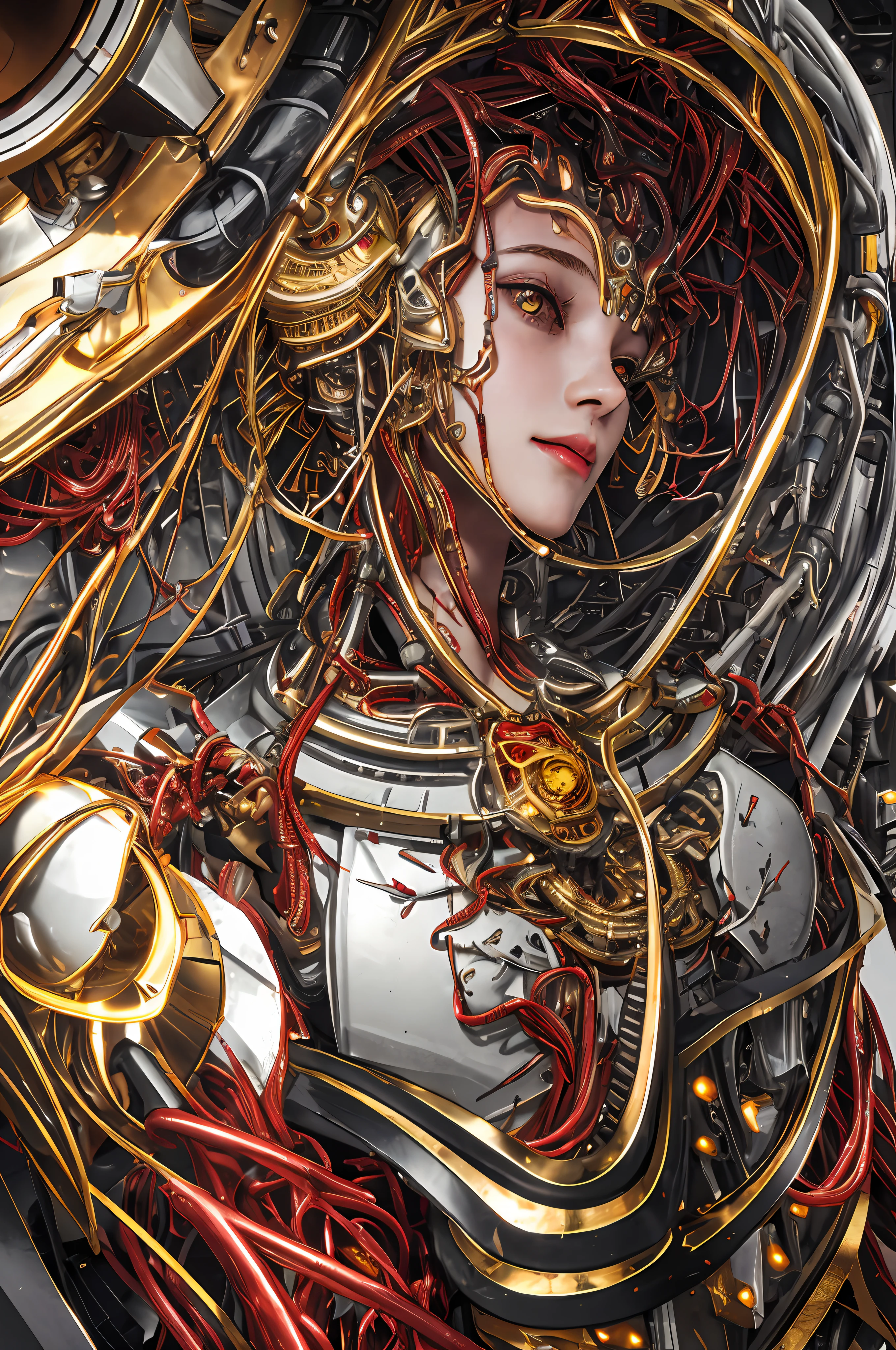 1. Mechanical Girl, (Ultra-realistic Detail)), Portrait, Global Illumination, Shadows, Octane Rendering, 8K, Ultra Sharp, Metal, Intricate Ornament Details, Cold Colors, Egyptian Details, Very Intricate Details, Realistic Light, CGSoation Trends, Glowing Eyes, Facing the Camera, Neon Details, Mechanical Limbs, blood vessels connected to the tube, mechanical vertebrae attached to the back, mechanical cervical attachment to the neck, sitting, wires and cables connecting to the head, Evangelion, small LED lamps,