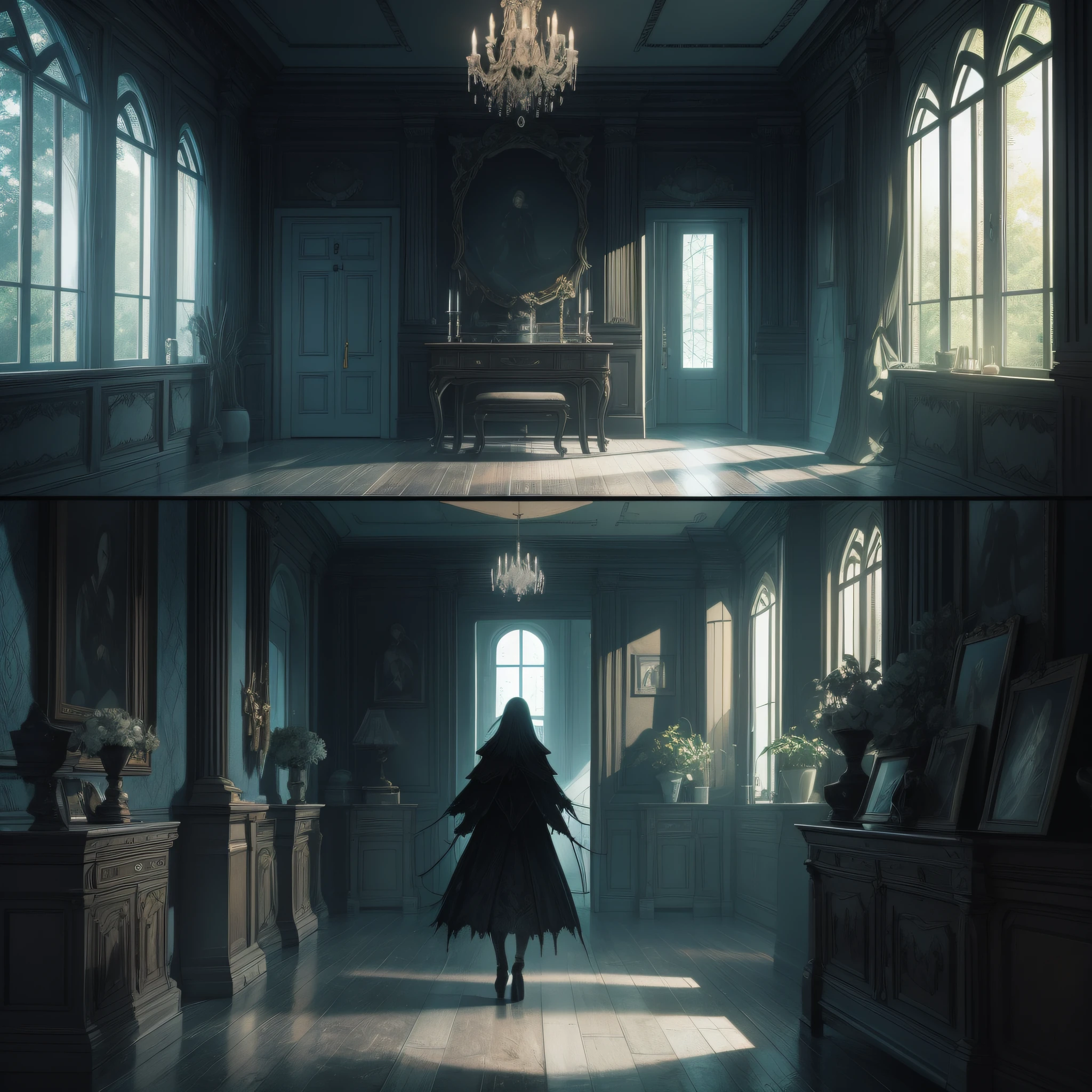 Absurd resolution, high resolution, (masterpiece: 1.4), hyper-detail, spooky rooms, dark monsters, horror, cobwebs, dark scary