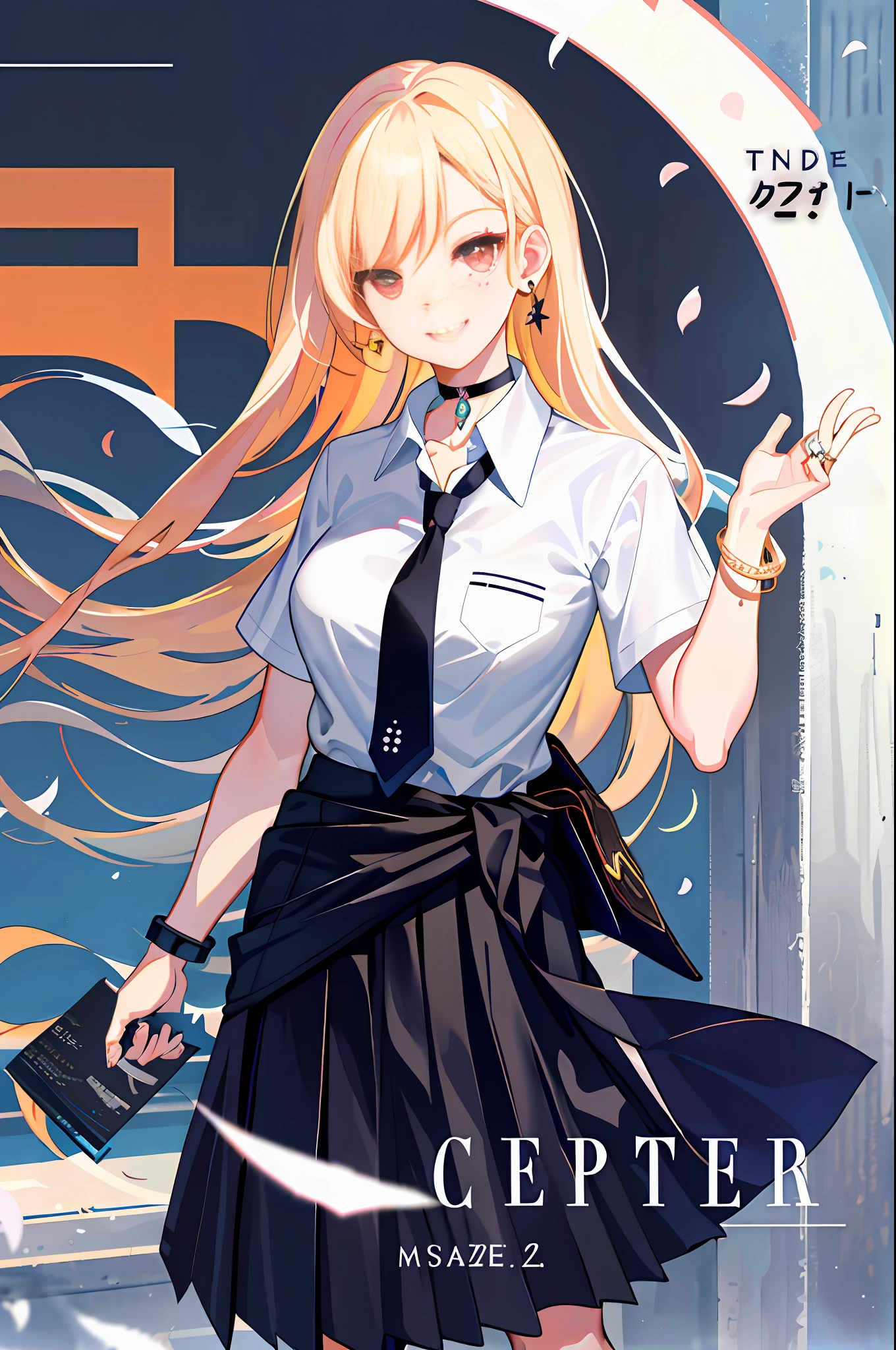 masterpiece, best quality, full body, 1girl, bangs, black choker, black necktie, blonde hair, blue skirt, blush, bracelet, breasts, choker, clothes around waist, collarbone, collared shirt, cowboy shot, dress shirt, ear piercing, eyebrows visible through hair, gradient hair, grin, gyaru, jewelry, kogal, long hair, looking at viewer, loose necktie, necktie, piercing, plaid, plaid skirt, pleated skirt, red eyes, ring, school uniform, shirt, skirt, smile, solo, white shirt, street, sky, cherry blossoms, petals,illustration, (magazine:1.3), (cover-style:1.3), fashionable, woman, vibrant, outfit, posing, front, colorful, dynamic, background, elements, confident, expression, holding, statement, accessory, majestic, coiled, around, touch, scene, text, cover, bold, attention-grabbing, title, stylish, font, catchy, headline, larger, striking, modern, trendy, focus, fashion,
