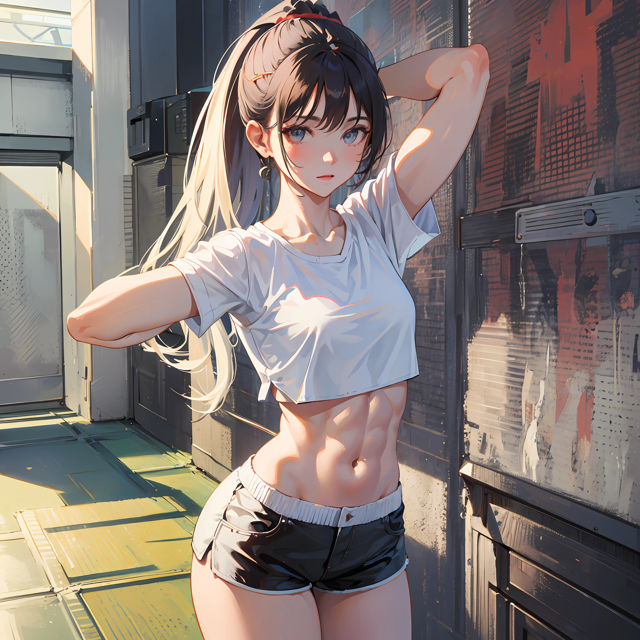 (extremely detailed CG unity 8k wallpaper),(masterpiece), (best quality), (ultra-detailed), (best illustration),(best shadow),  (office:1.4) BREAK white crop top, short shorts, short sleeves, ponytail, arms at side, (muscular:1.4),