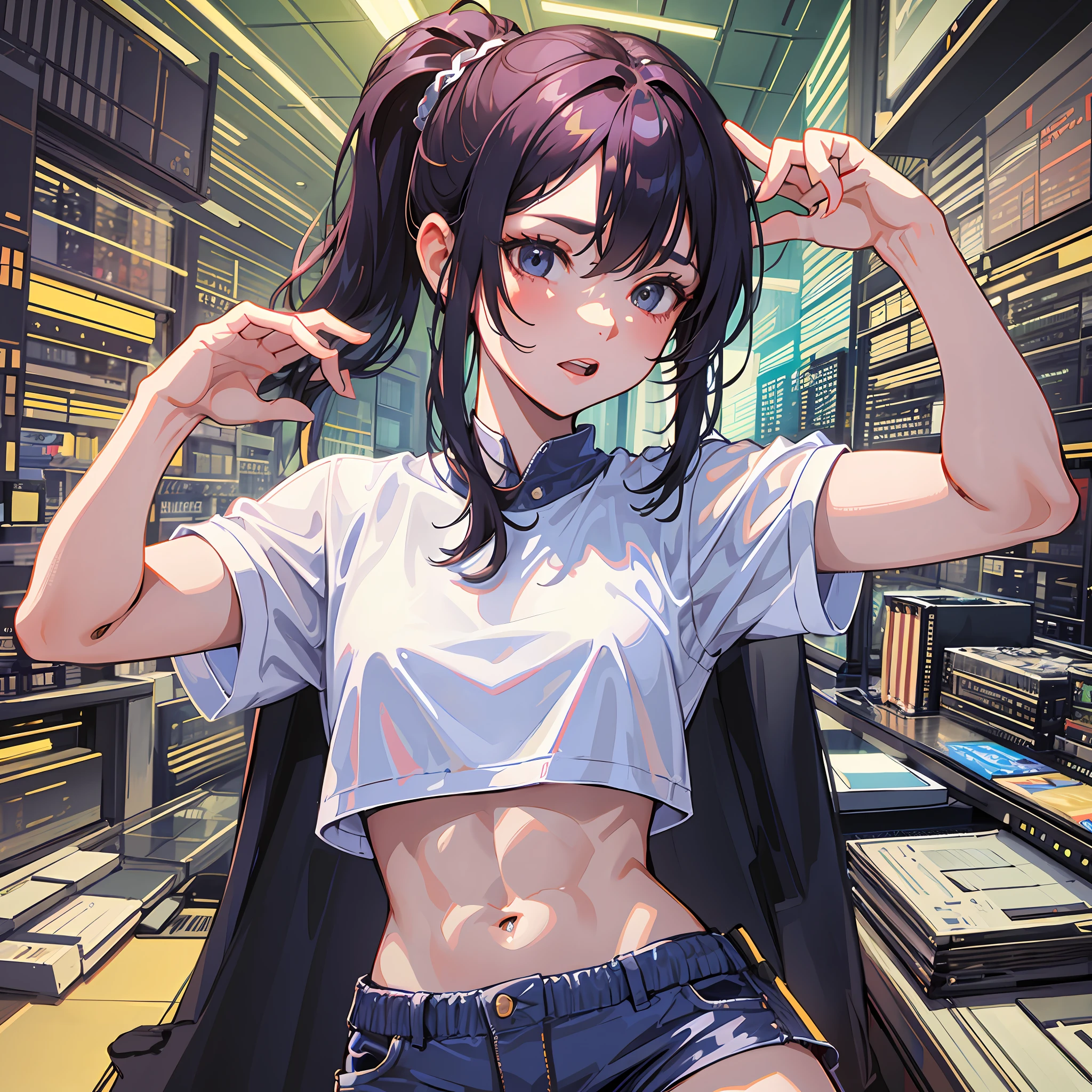 (extremely detailed CG unity 8k wallpaper),(masterpiece), (best quality), (ultra-detailed), (best illustration),(best shadow), (office:1.4) BREAK white crop top, short shorts, short sleeves, ponytail, arms at side, (muscular:1.4),