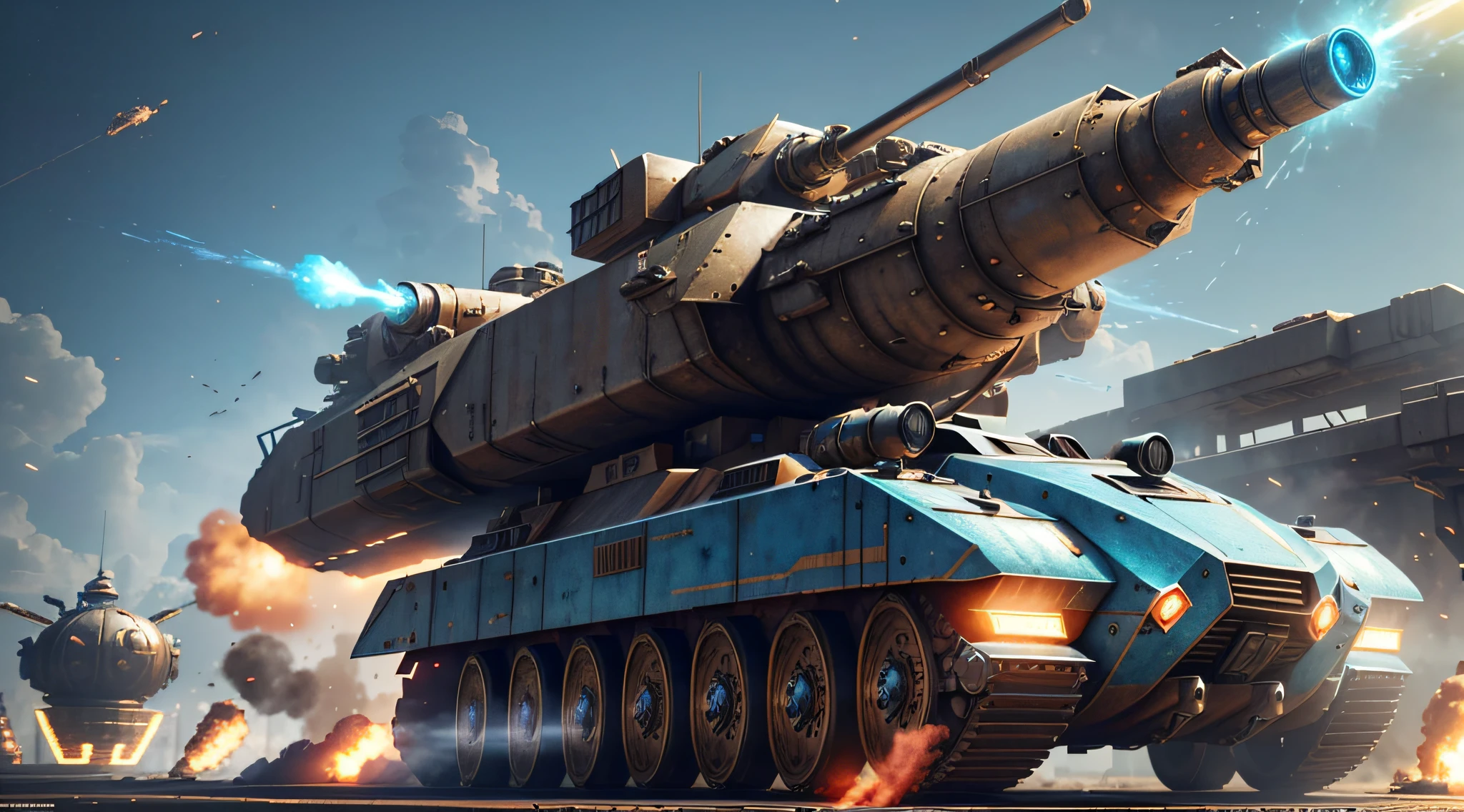 Steampunk style, cold colors, cinematic effects, futuristic sci-fi giant armored car, there are many missiles hanging on the armored body, super details, light and shadow, particle light, particle special effects, blue flame erupting from the tail, ambient lights, surreal sci-fi dock in the background, aesthetic, 8K, top painting, concept art, epic composition, with HD details, metallic texture and tension composition, hyper-realistic, ultra-realistic, rich in detail, 3D.