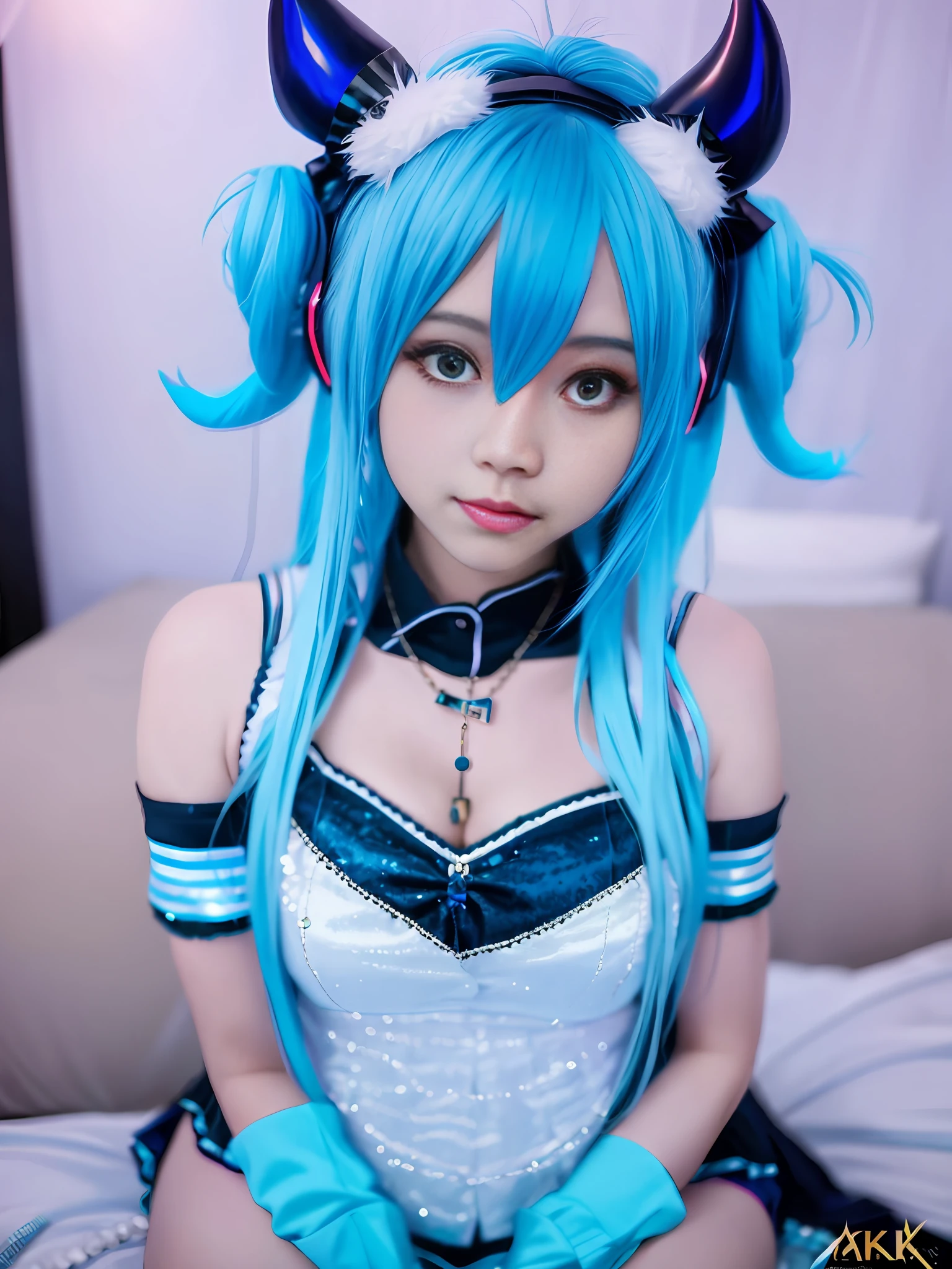 arafed woman with blue hair and horns sitting on a bed, hatsune miku cosplay, anime girl cosplay, portrait of hatsune miku, anime cosplay, hatsune miku portrait, mikudayo, hatsune miku, cosplay photo, miku, cosplay, anime girl in real life, professional cosplay, full-cosplay, anime inspired, anime style mixed with fujifilm